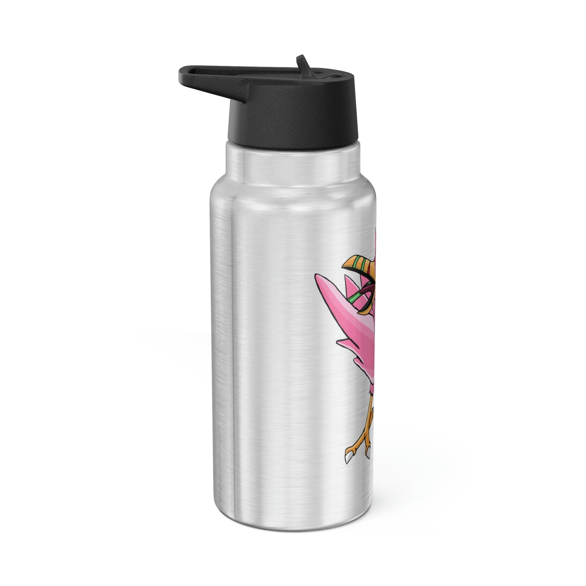 Flarem Gator Tumbler in stainless steel with a black screw-on cap and plastic straw, showcasing a customizable design.