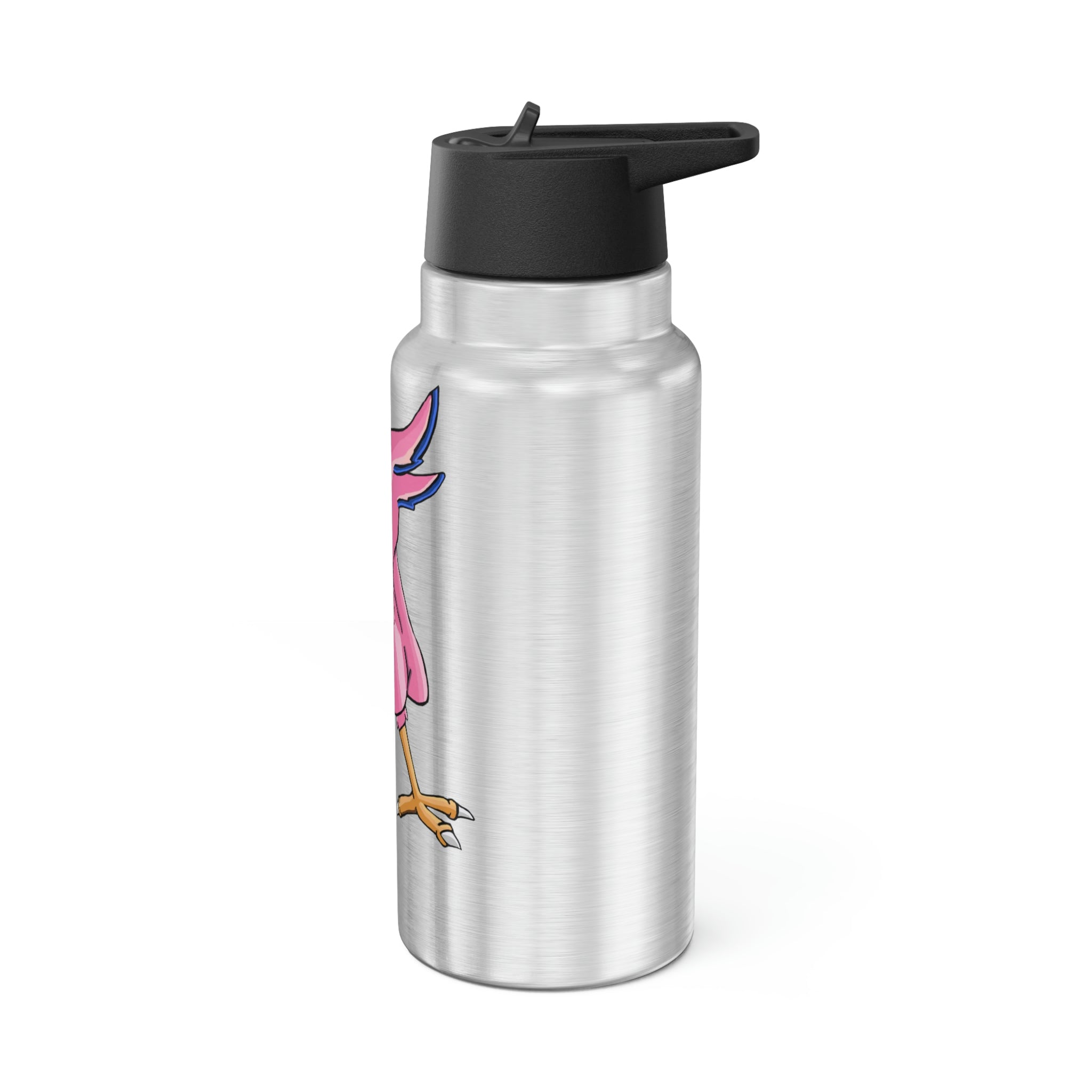 Flarem Gator Tumbler in stainless steel with a black screw-on cap and plastic straw, showcasing a customizable design.