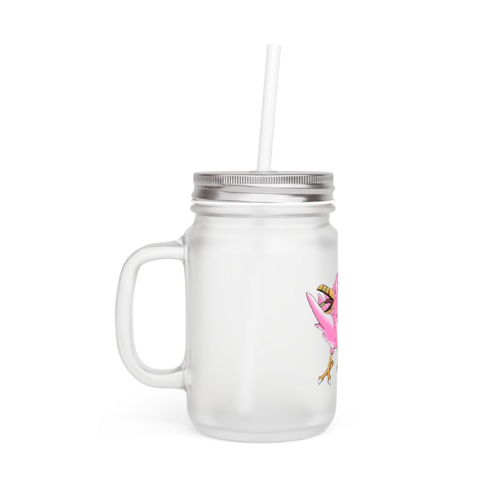 A stylish Flarem Mason Jar made of frosted glass, featuring a straw and lid, perfect for personalized drinks.