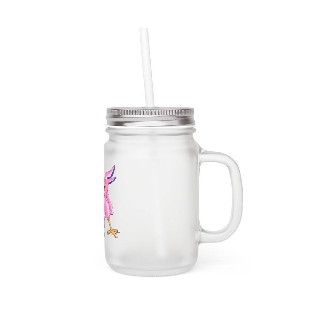 A stylish Flarem Mason Jar made of frosted glass, featuring a straw and lid, perfect for personalized drinks.