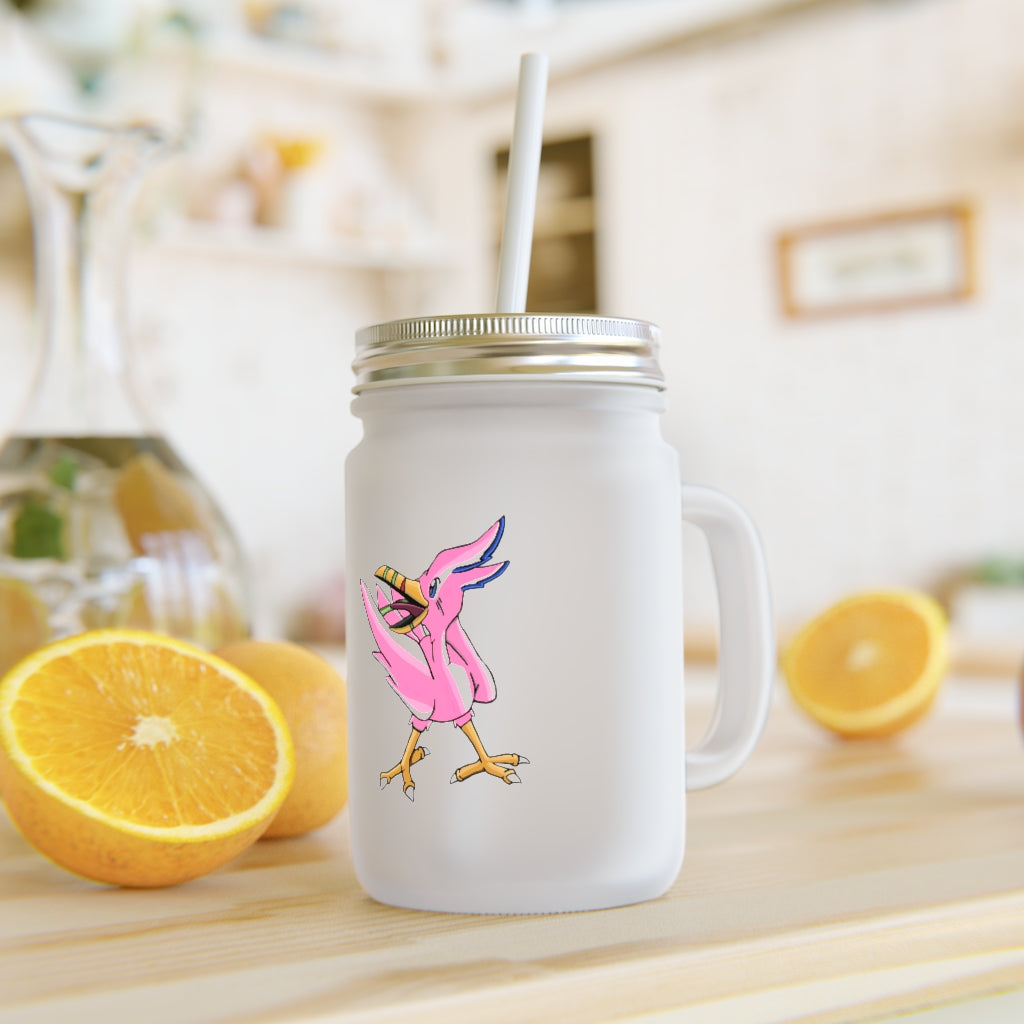 A stylish Flarem Mason Jar made of frosted glass, featuring a straw and lid, perfect for personalized drinks.