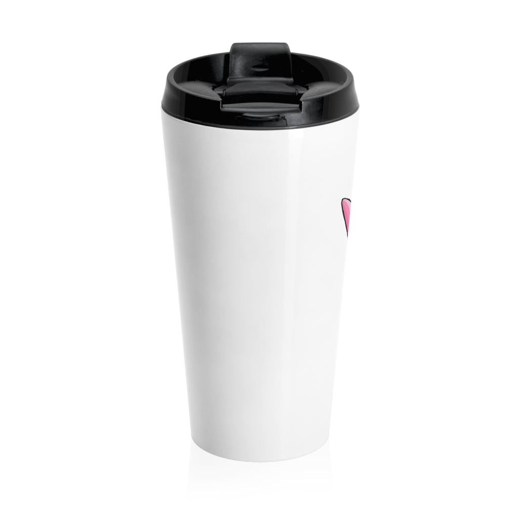 Flarem Stainless Steel Travel Mug with black plastic lid, showcasing its sleek design and rounded corners.