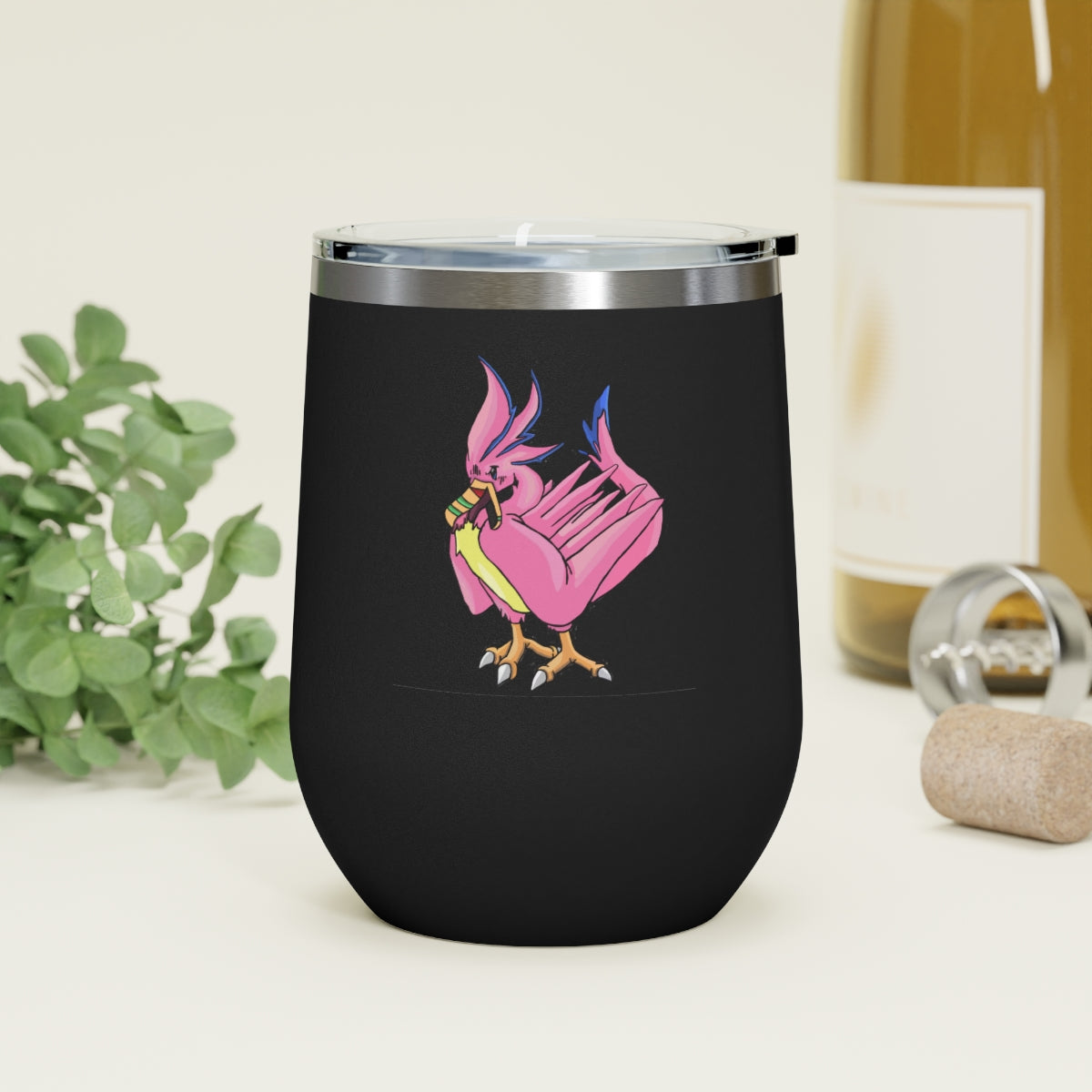 Flaremyu 12oz Insulated Wine Tumbler with clear lid and stainless steel body, showcasing a stylish design.