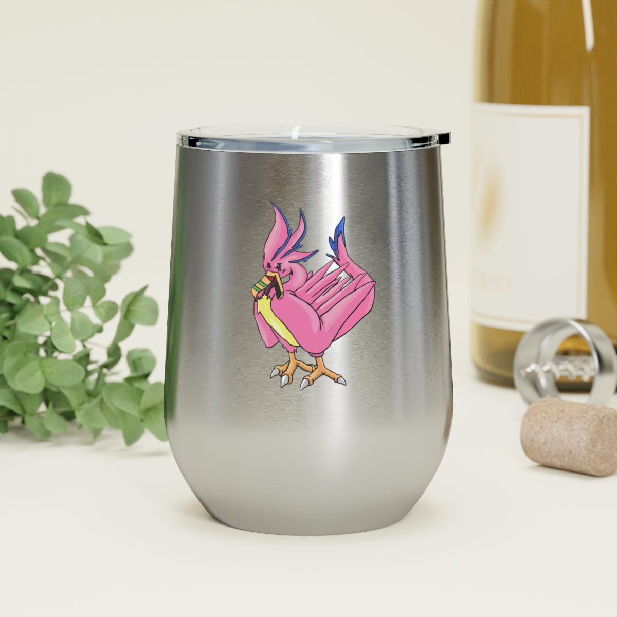 Flaremyu 12oz Insulated Wine Tumbler with clear lid and stainless steel body, showcasing a stylish design.