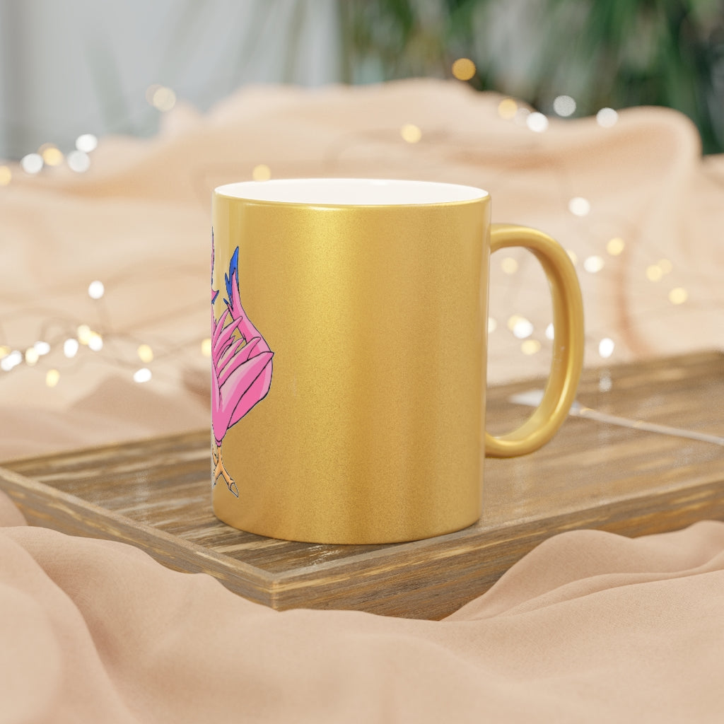 Flaremyu Metallic Mug in Gold and Silver finishes, showcasing personalized designs and a comfortable C-handle.