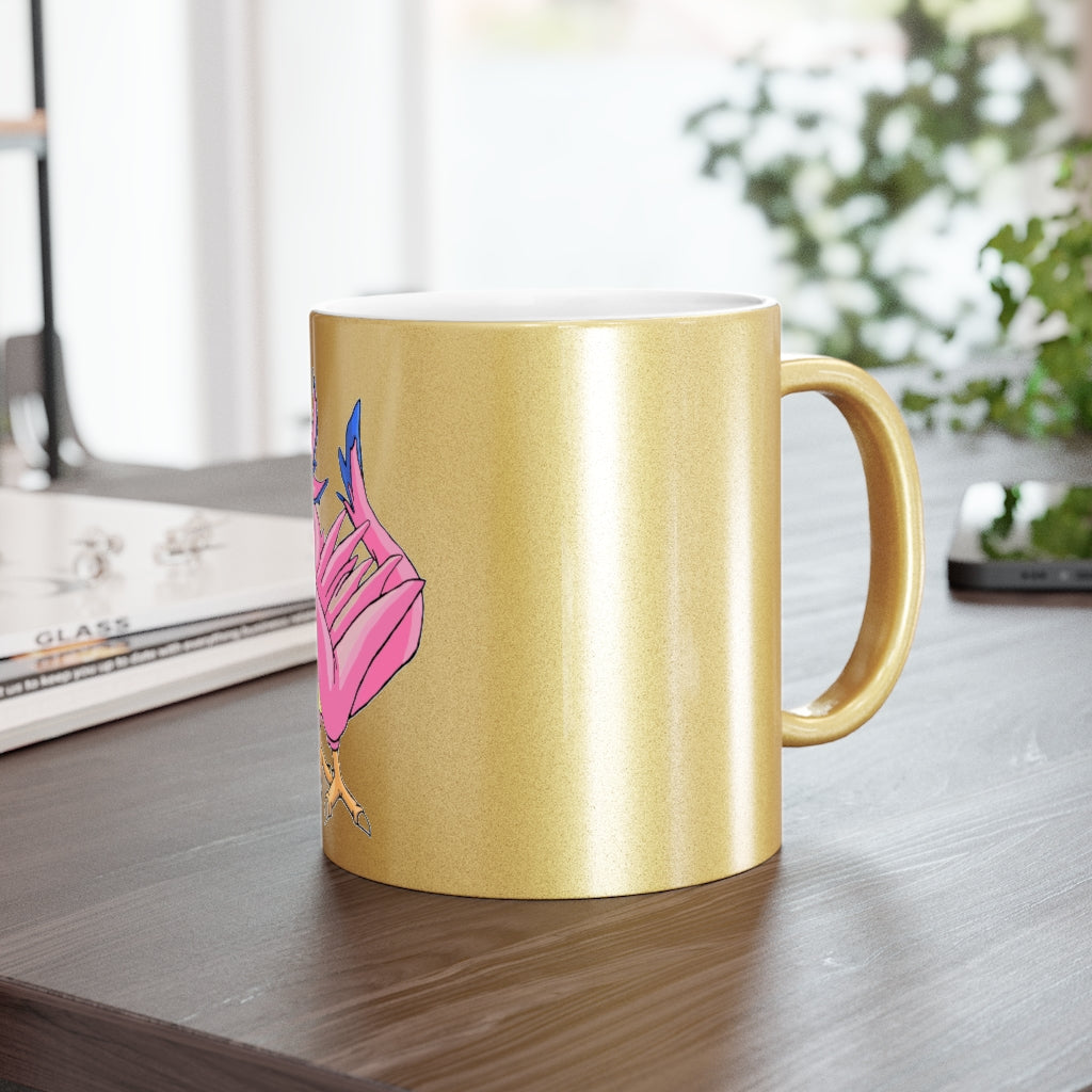 Flaremyu Metallic Mug in Gold and Silver finishes, showcasing personalized designs and a comfortable C-handle.