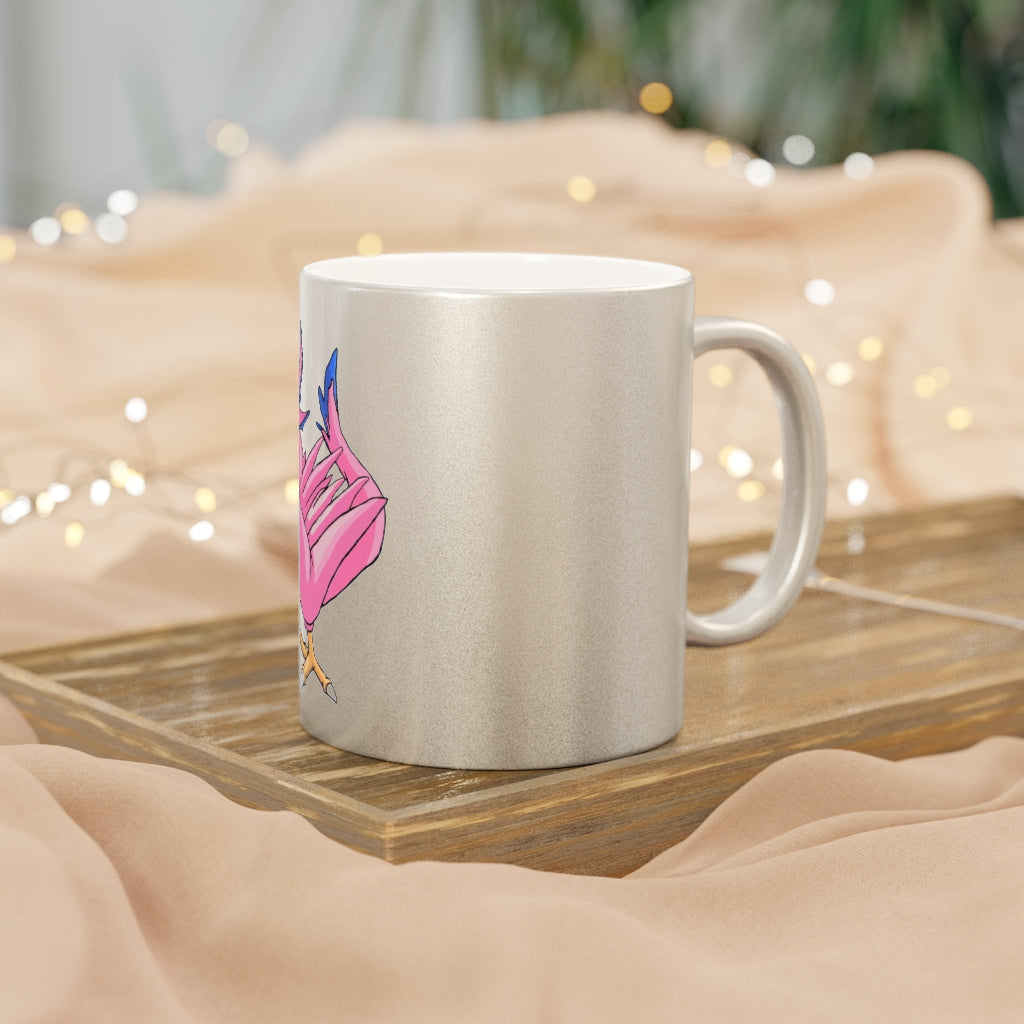 Flaremyu Metallic Mug in Gold and Silver finishes, showcasing personalized designs and a comfortable C-handle.