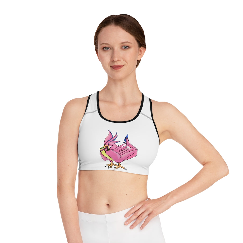 Flaremyu Sports Bra featuring a customizable all-over print design, compression fit, and double-layer front for support and comfort.