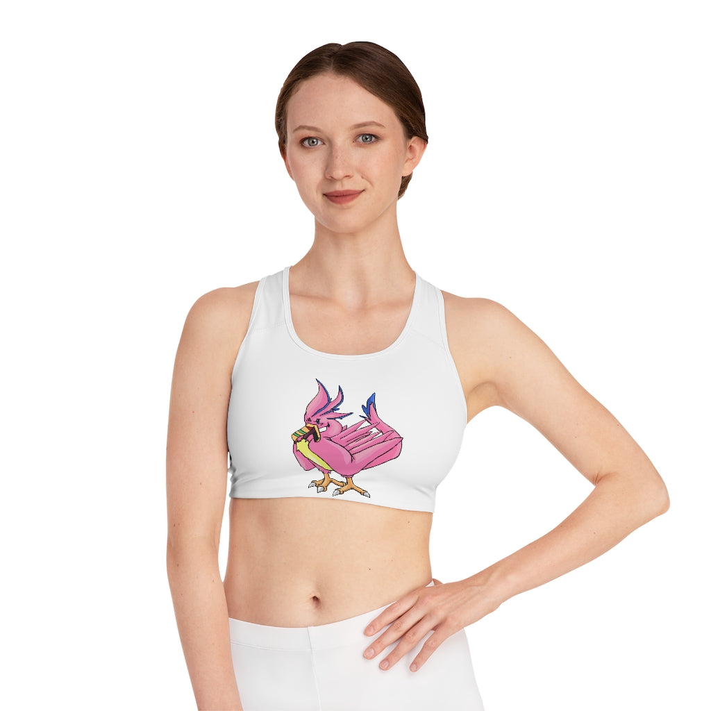 Flaremyu Sports Bra featuring a customizable all-over print design, compression fit, and double-layer front for support and comfort.