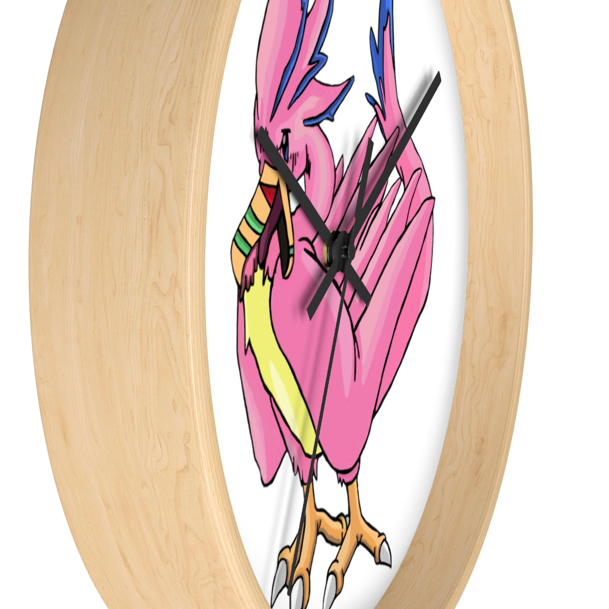 Flaremyu Wall Clock featuring a wooden frame and plexiglass face, designed for indoor use with a silent mechanism.