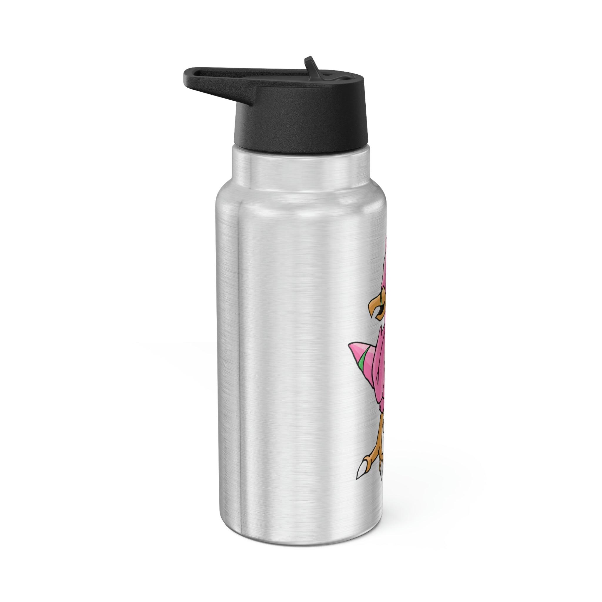 Flaryu Gator Tumbler in stainless steel with a black screw-on cap and plastic straw, showcasing a customizable design.