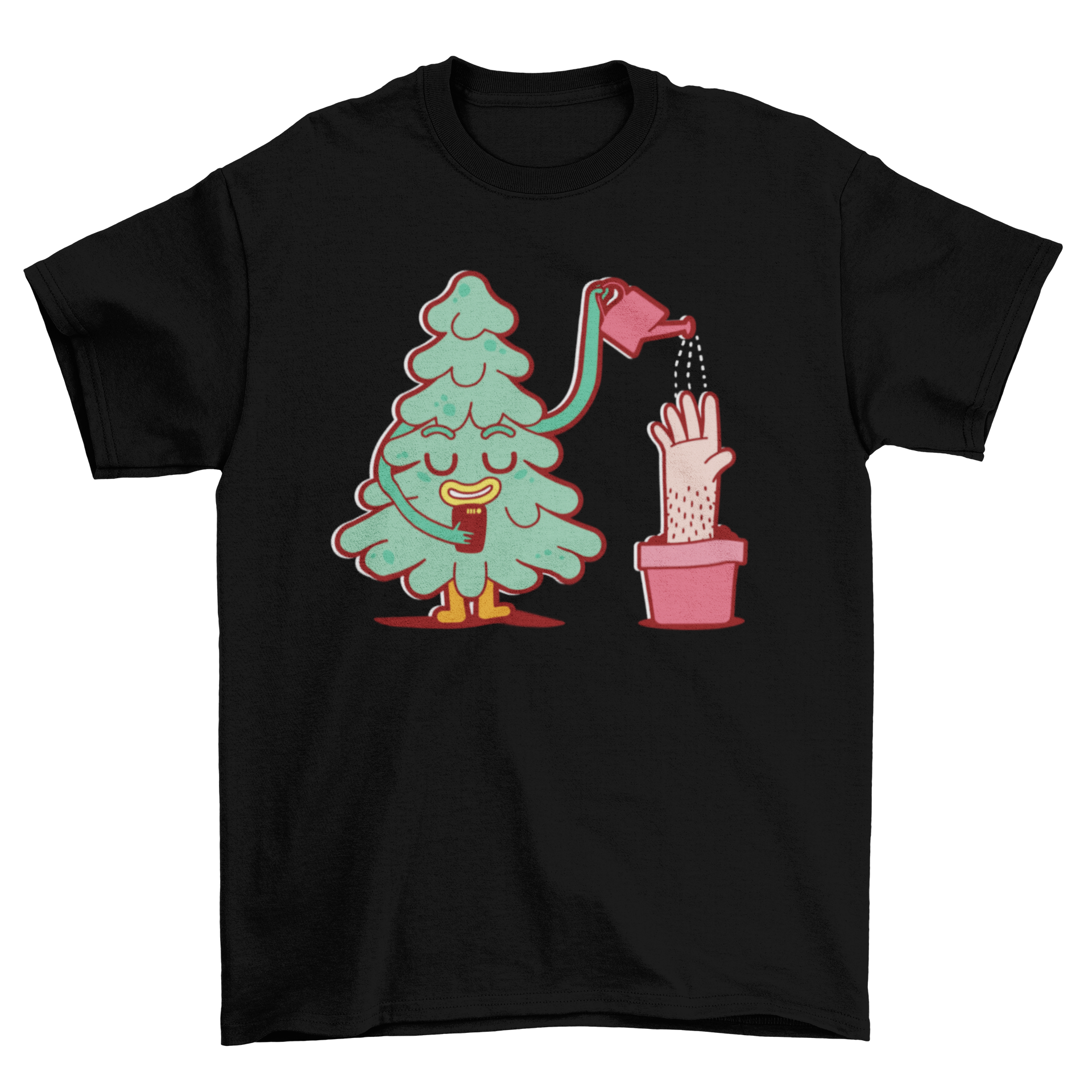 Flat cartoon t-shirt featuring a whimsical design of a tree watering a hand, showcasing vibrant colors and a playful theme.