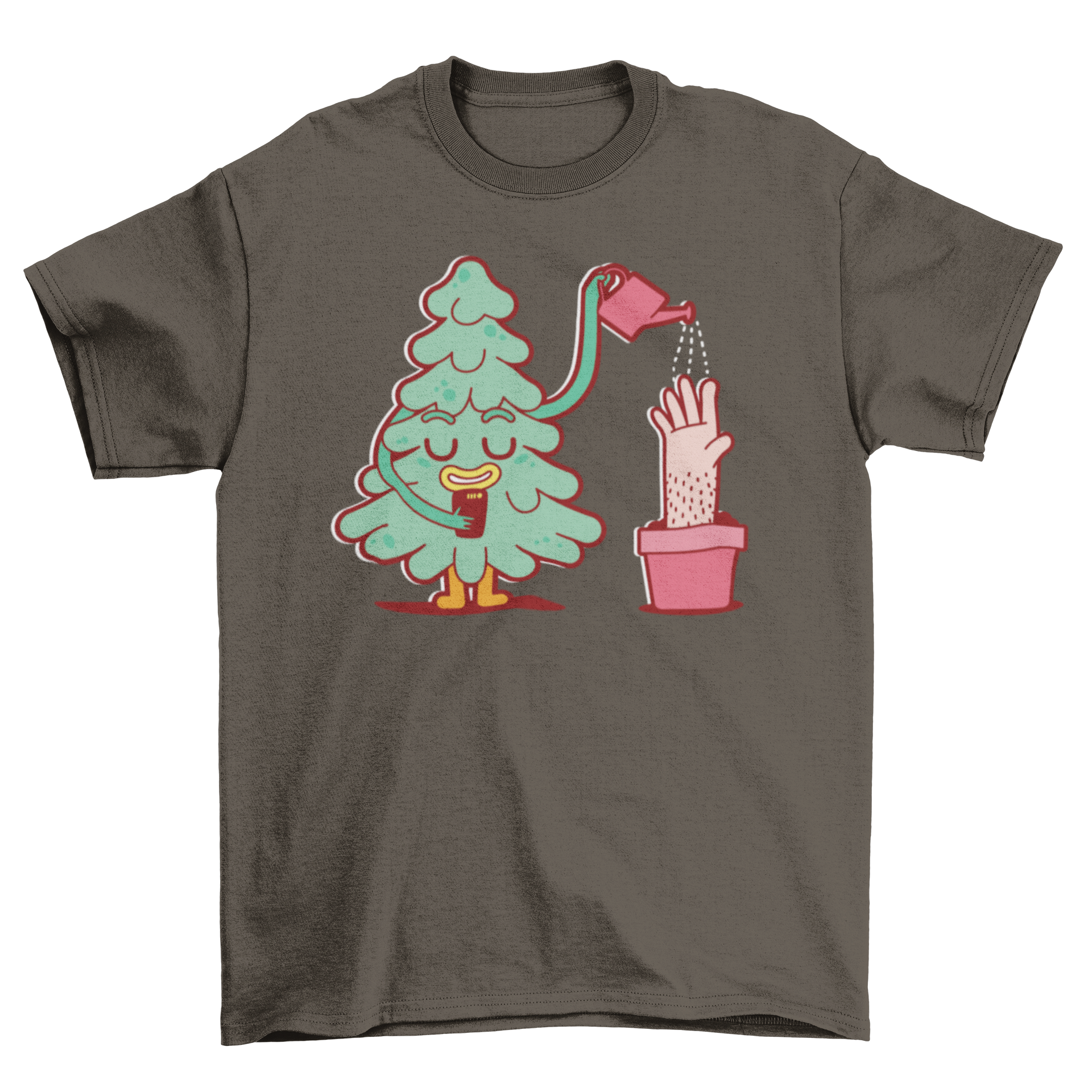 Flat cartoon t-shirt featuring a whimsical design of a tree watering a hand, showcasing vibrant colors and a playful theme.