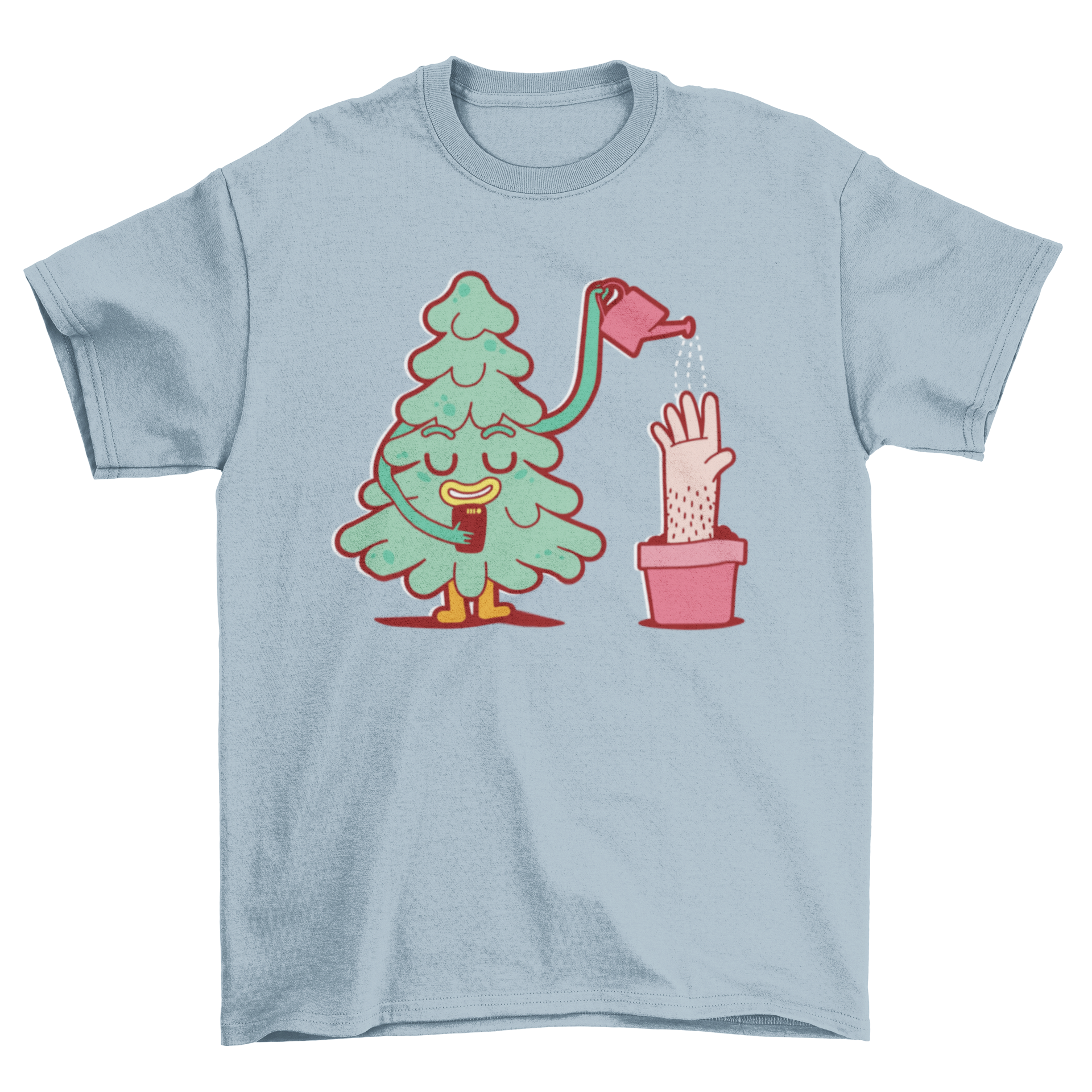 Flat cartoon t-shirt featuring a whimsical design of a tree watering a hand, showcasing vibrant colors and a playful theme.