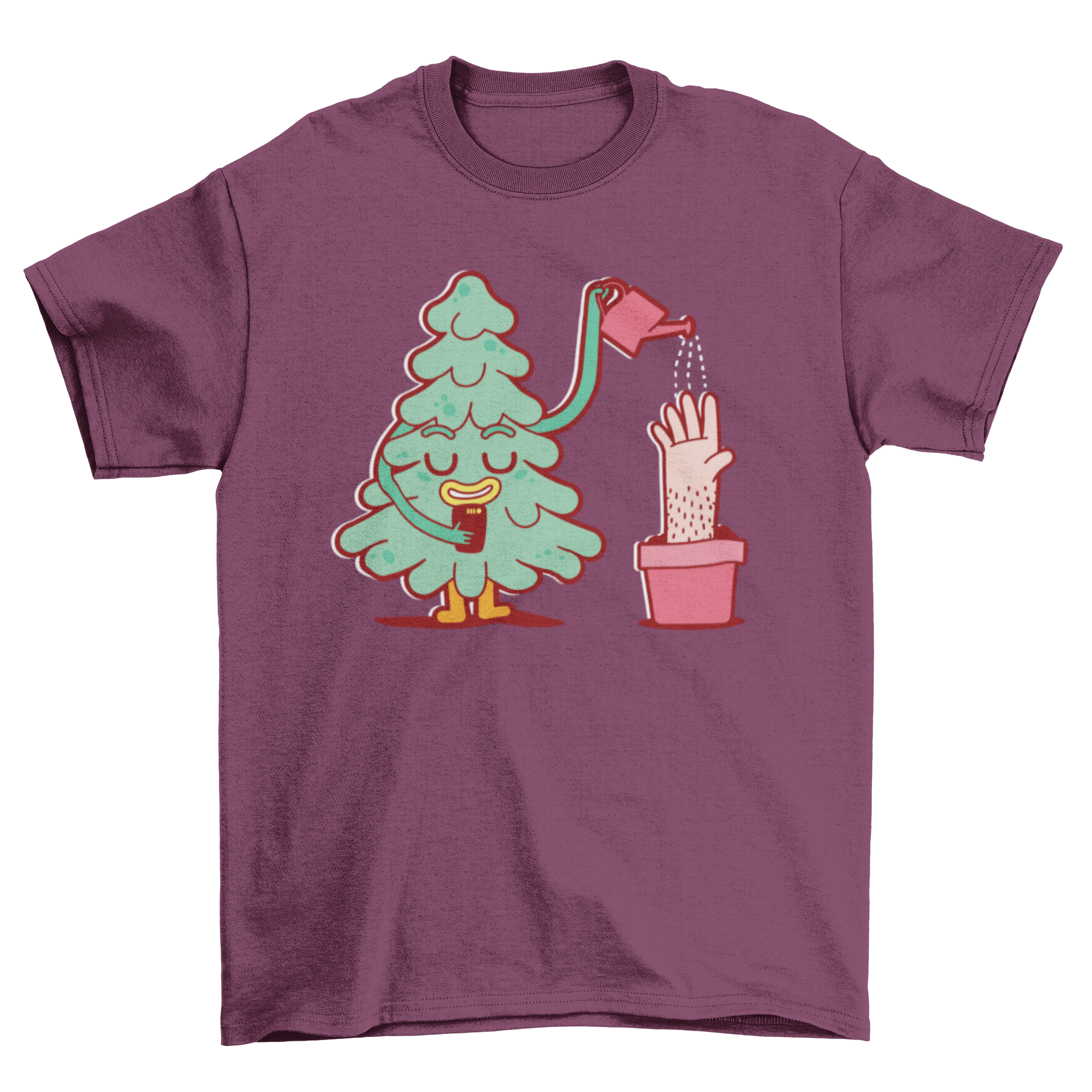 Flat cartoon t-shirt featuring a whimsical design of a tree watering a hand, showcasing vibrant colors and a playful theme.