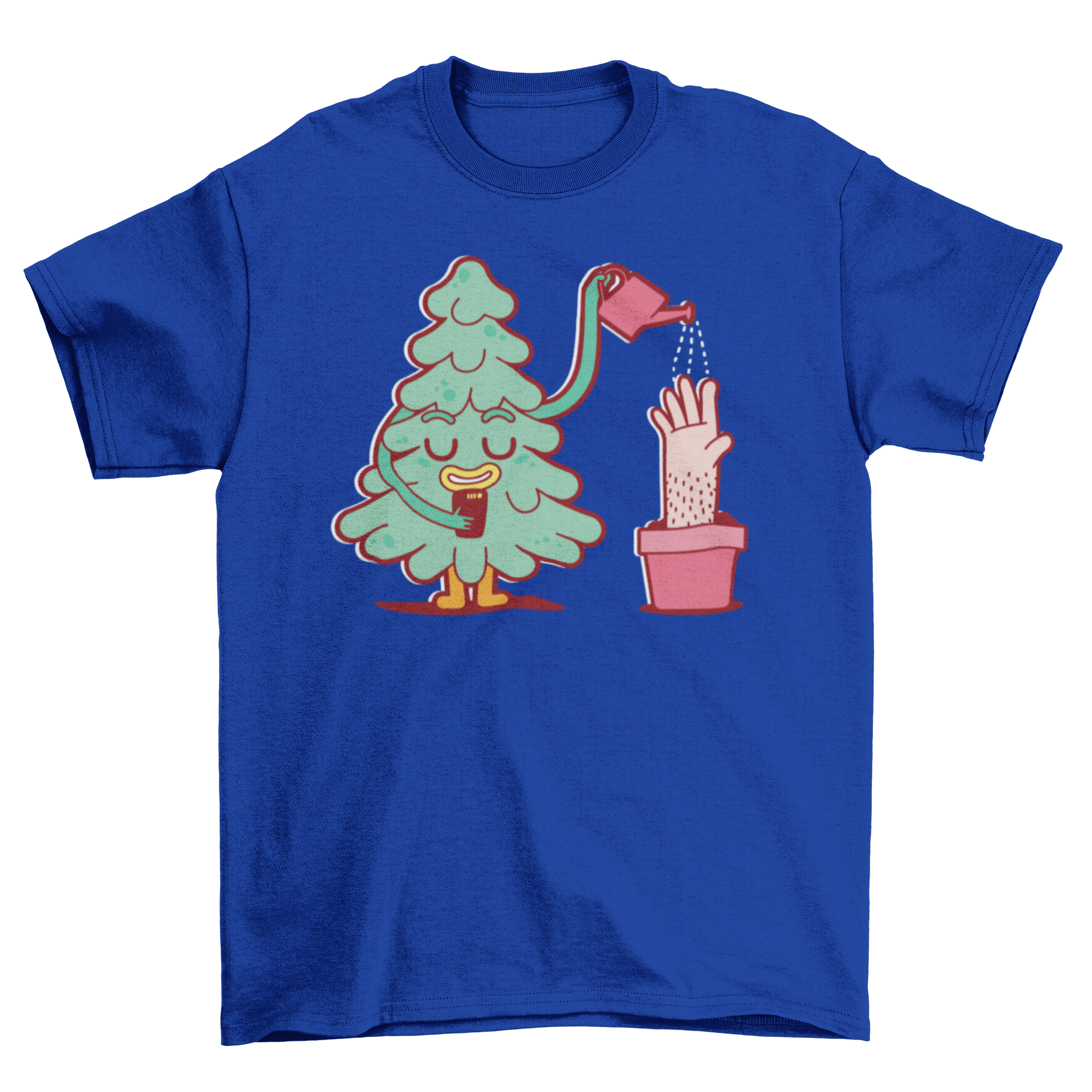 Flat cartoon t-shirt featuring a whimsical design of a tree watering a hand, showcasing vibrant colors and a playful theme.