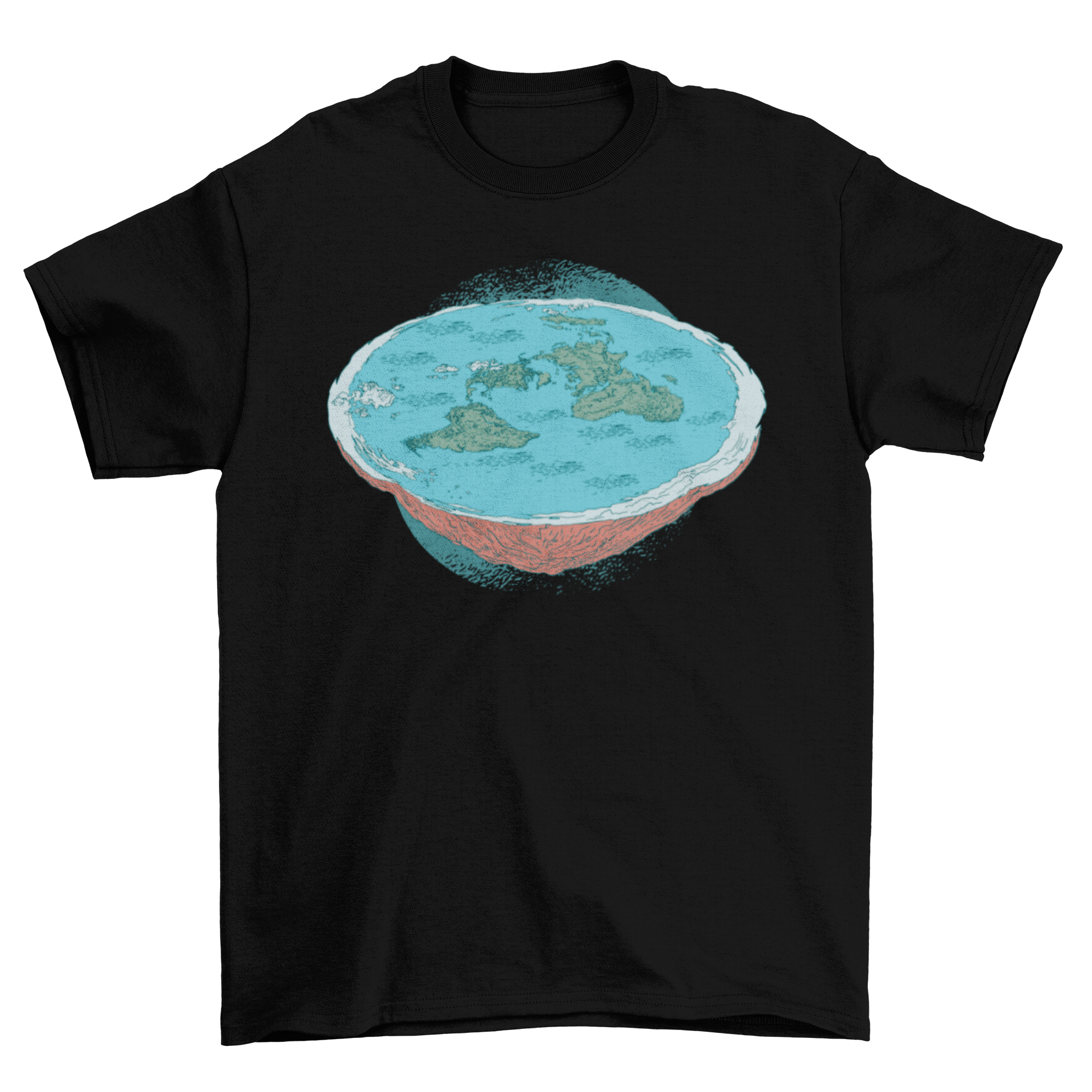 Flat Earth Theory illustration t-shirt featuring a unique design representing the flat earth concept, suitable for casual wear.