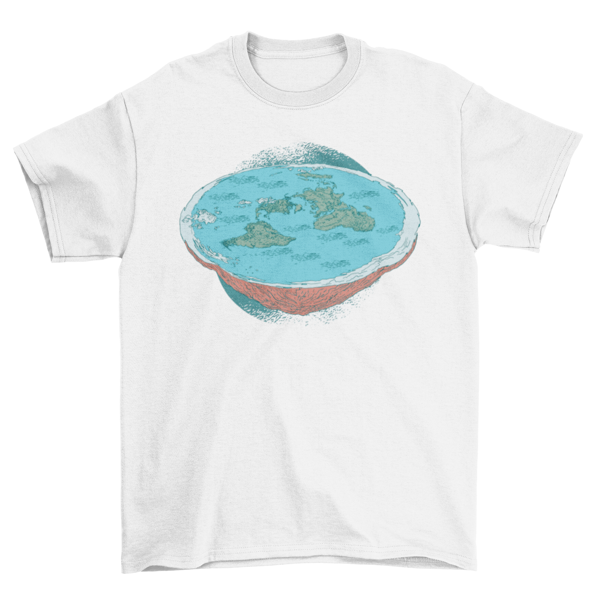 Flat Earth Theory illustration t-shirt featuring a unique design representing the flat earth concept, suitable for casual wear.