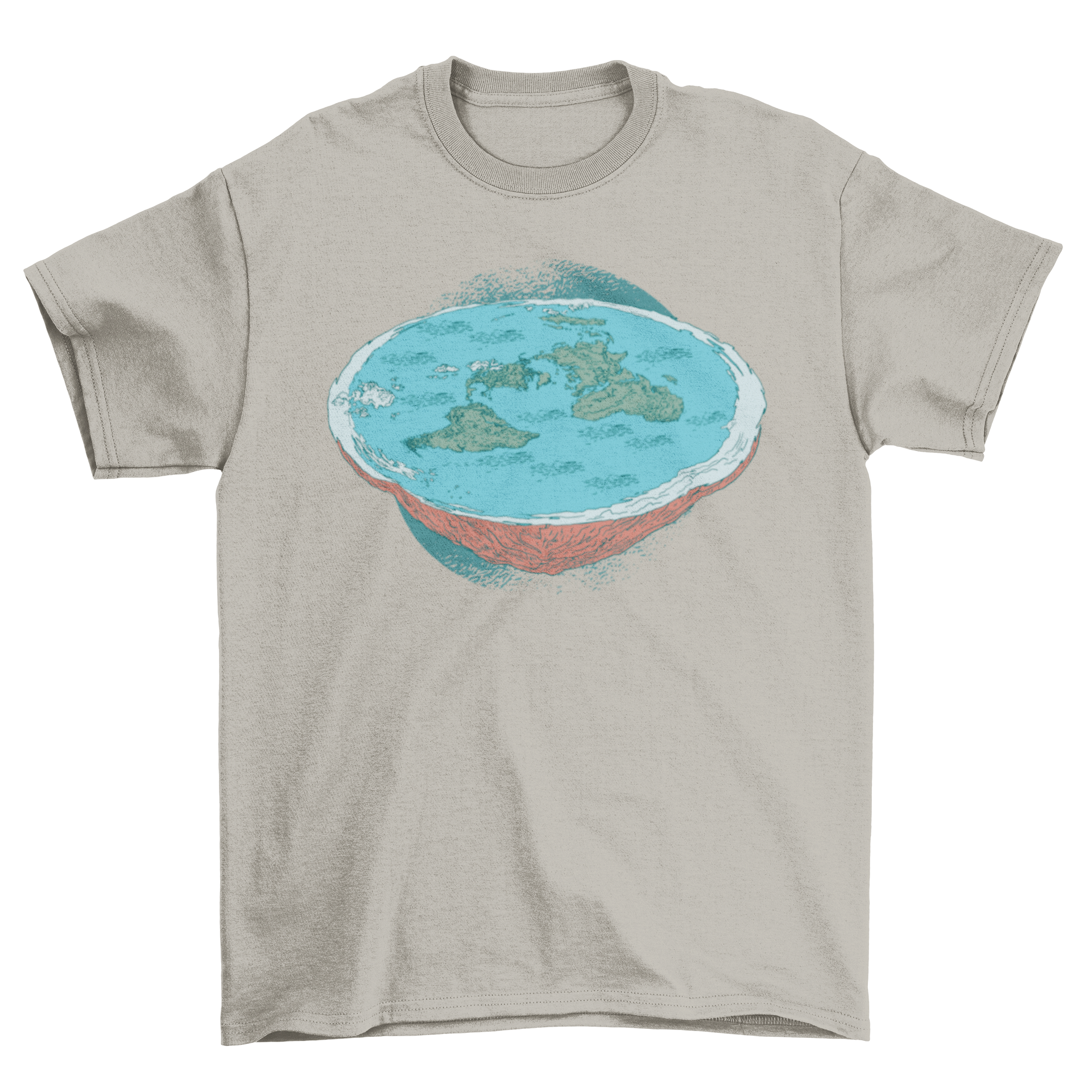 Flat Earth Theory illustration t-shirt featuring a unique design representing the flat earth concept, suitable for casual wear.