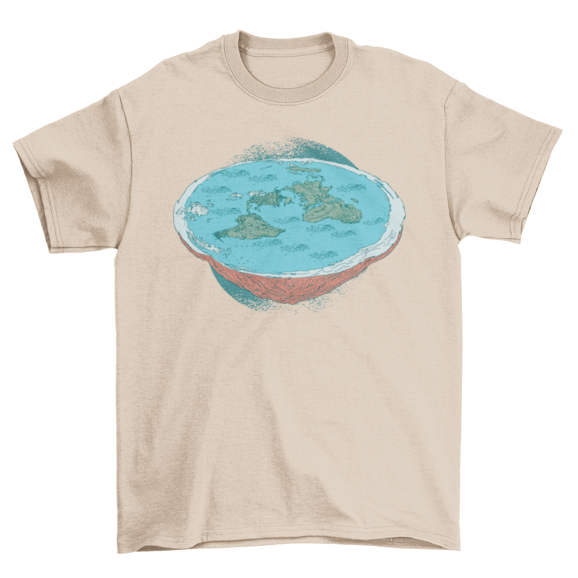 Flat Earth Theory illustration t-shirt featuring a unique design representing the flat earth concept, suitable for casual wear.