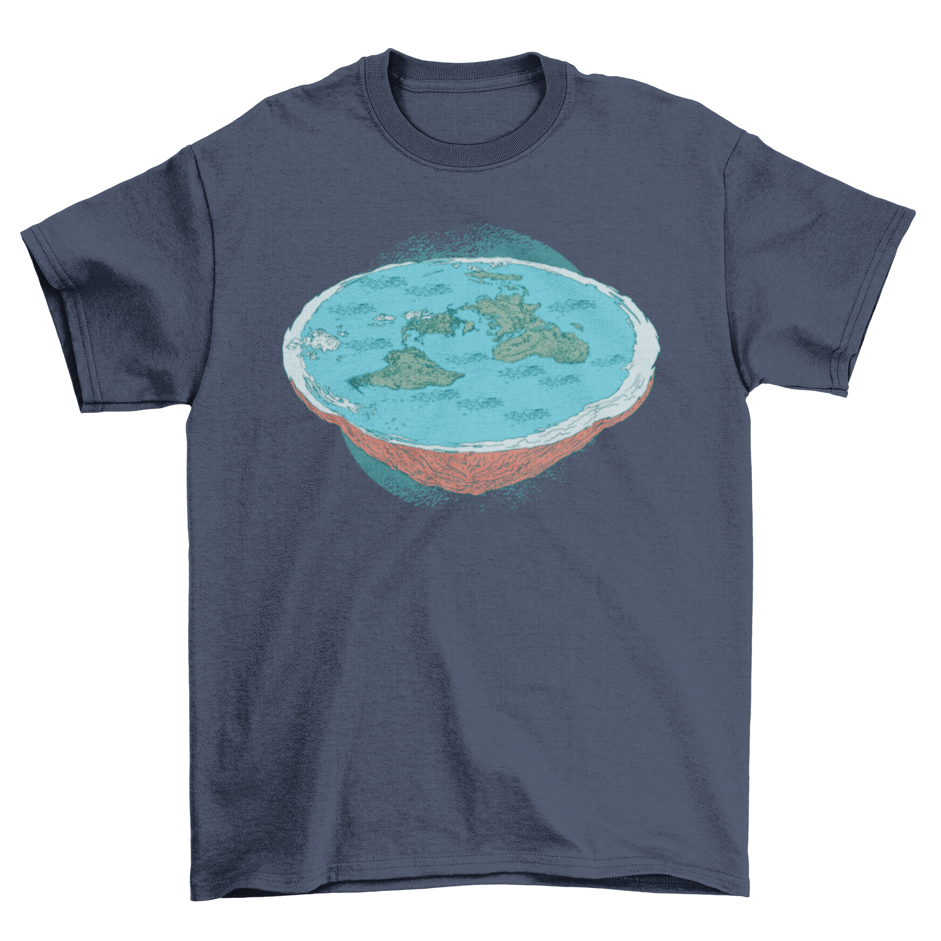 Flat Earth Theory illustration t-shirt featuring a unique design representing the flat earth concept, suitable for casual wear.