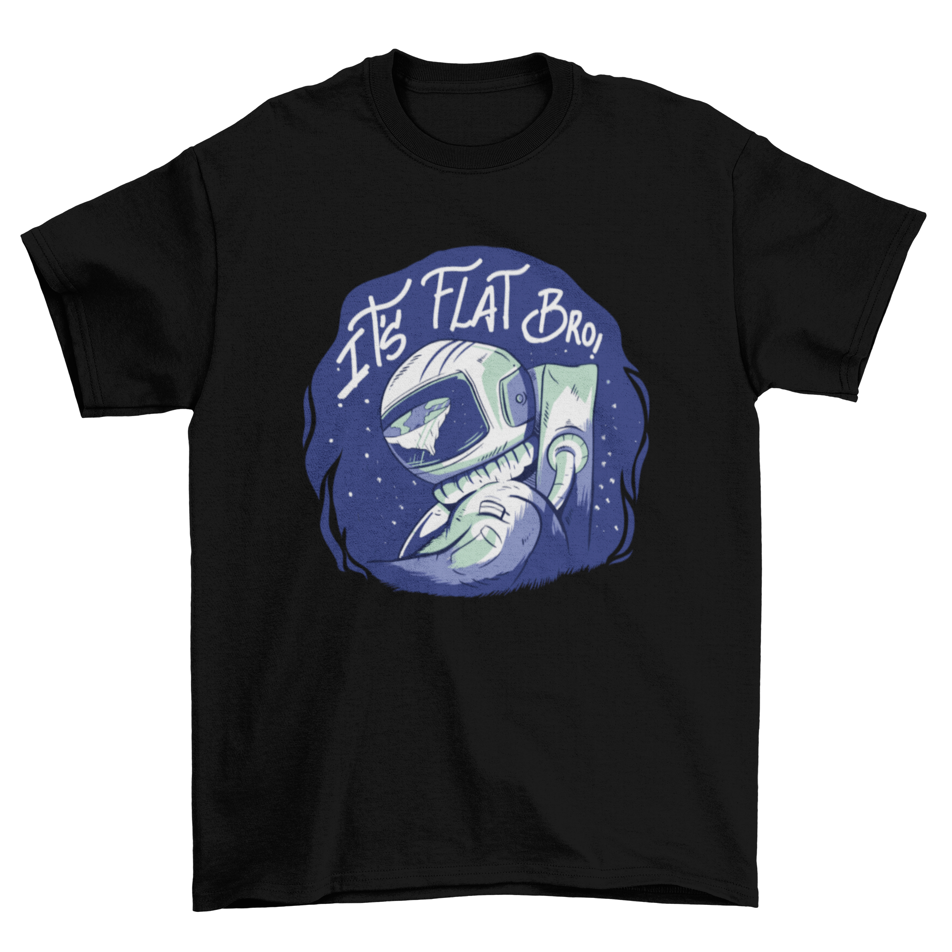 Flat Earth T-shirt featuring an astronaut illustration with the text 'It's flat bro'.