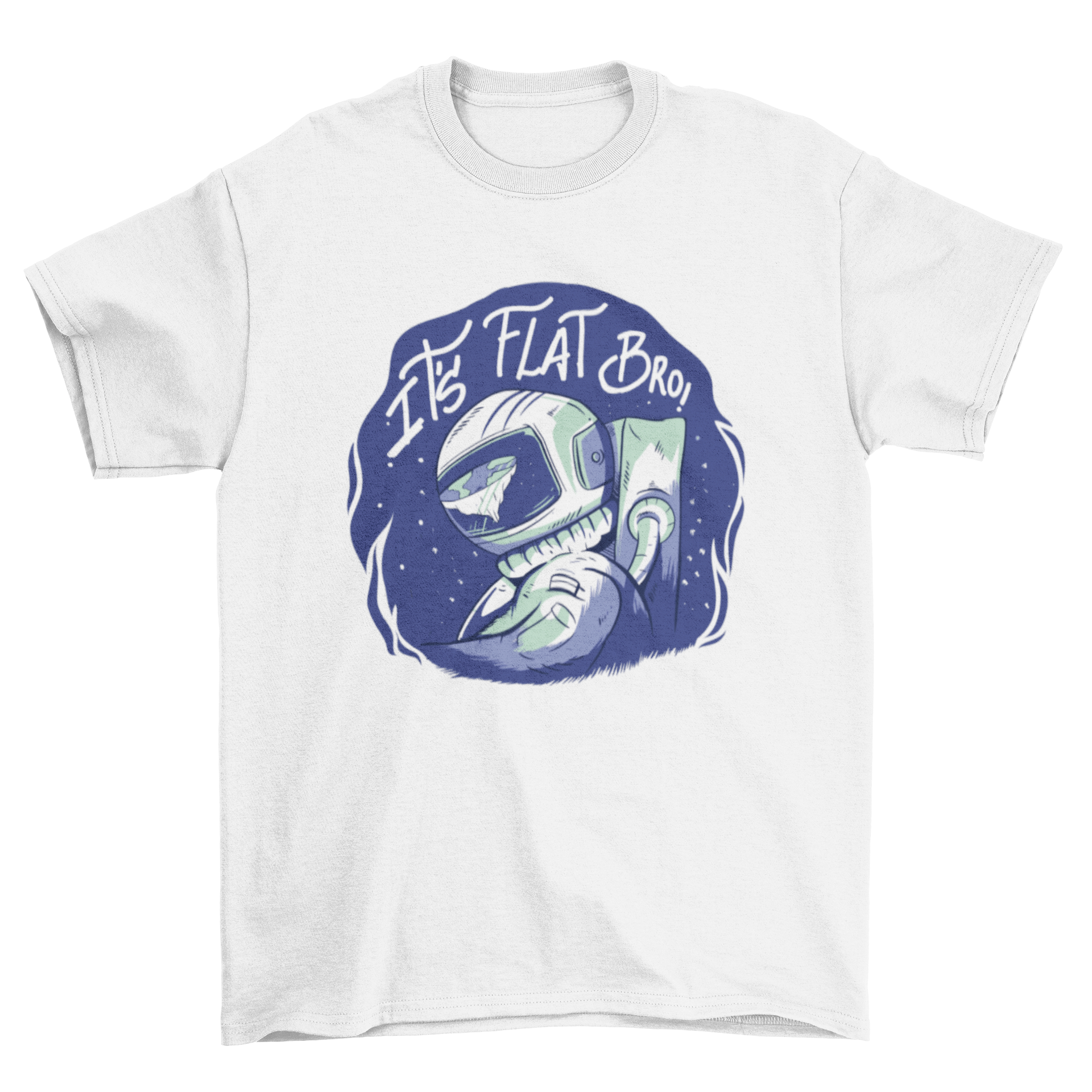 Flat Earth T-shirt featuring an astronaut illustration with the text 'It's flat bro'.