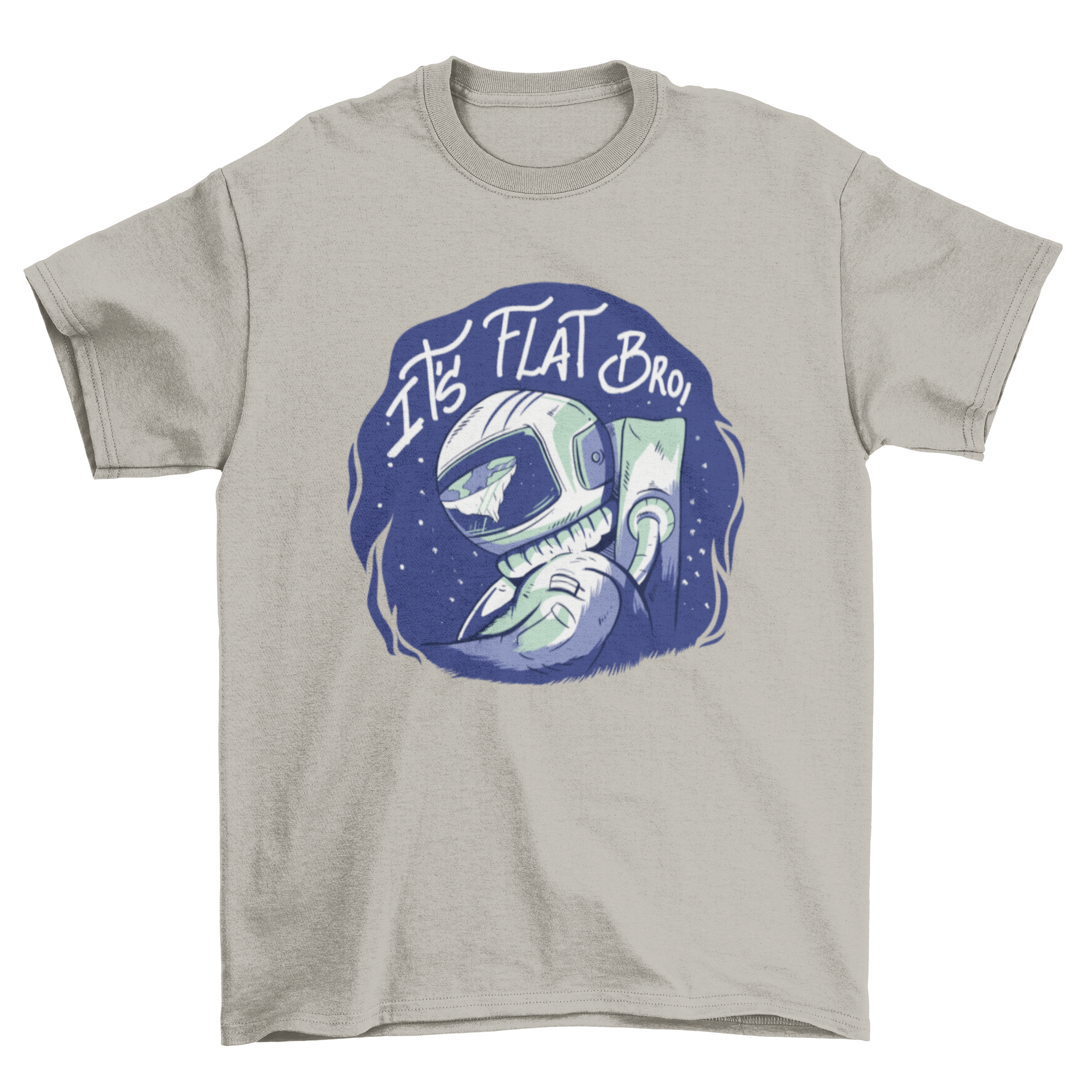 Flat Earth T-shirt featuring an astronaut illustration with the text 'It's flat bro'.