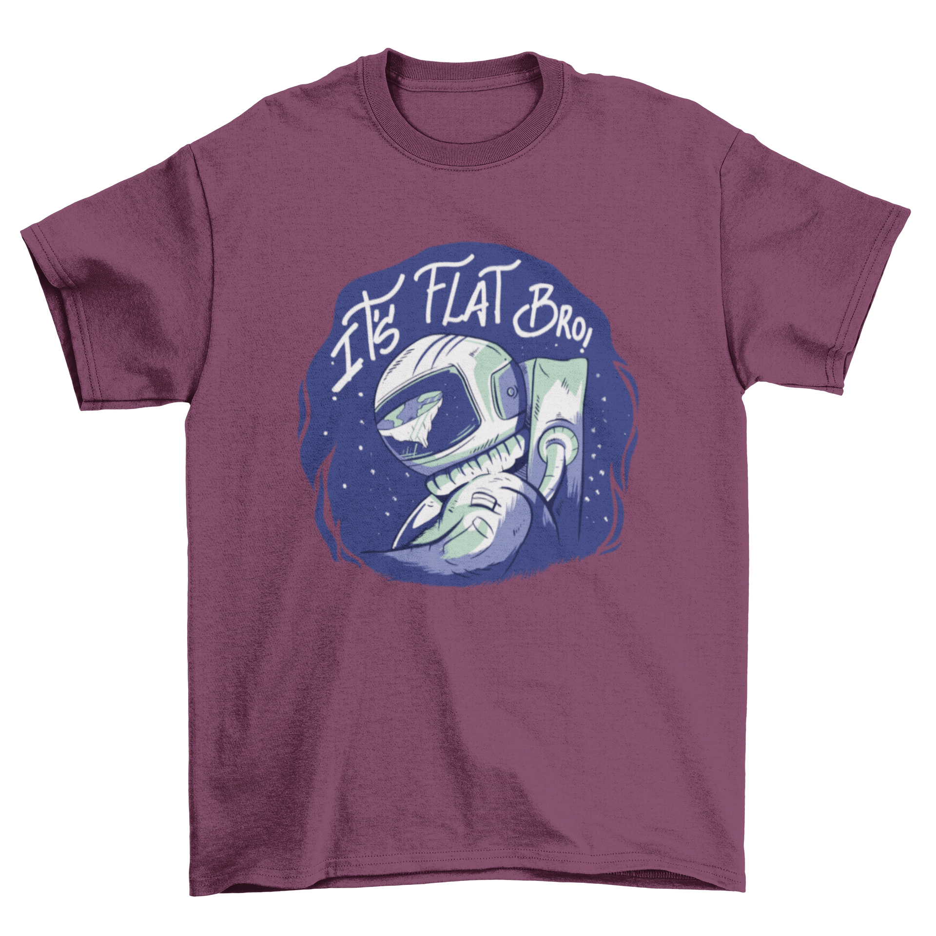 Flat Earth T-shirt featuring an astronaut illustration with the text 'It's flat bro'.