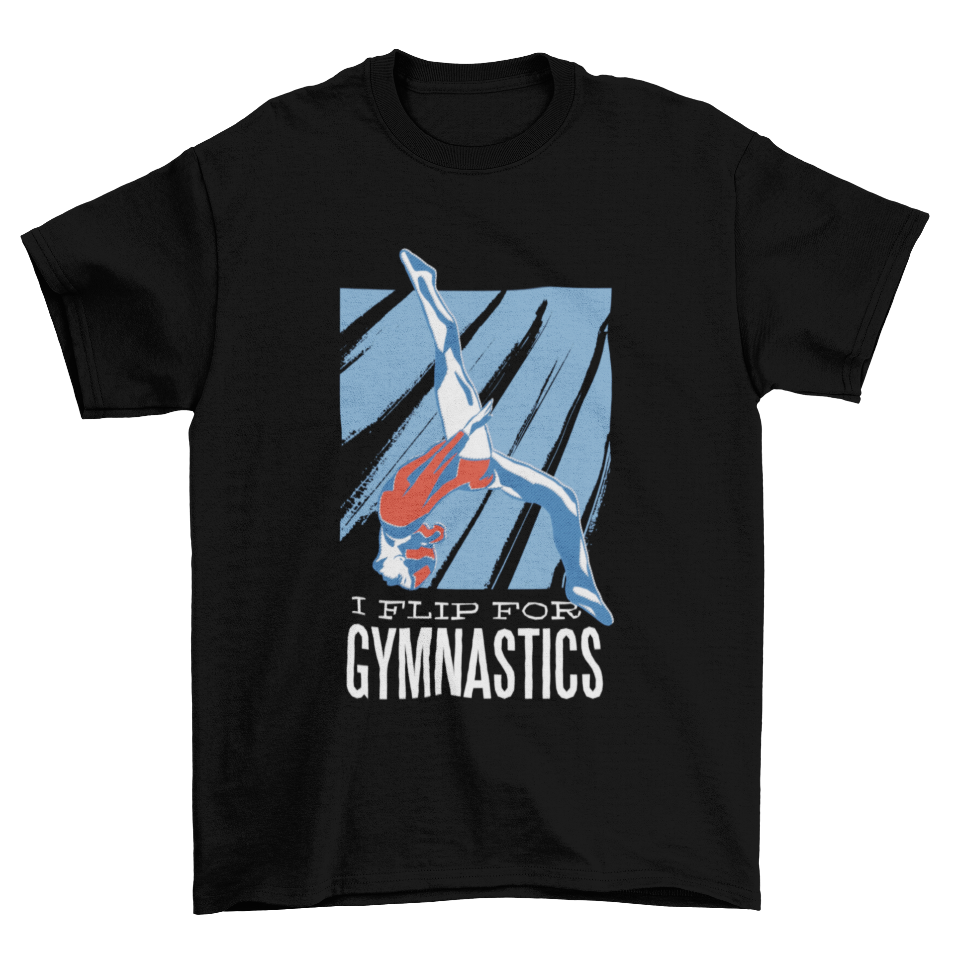 Flip for Gymnastics T-shirt featuring a gymnast silhouette on a blue background with slanted lines.