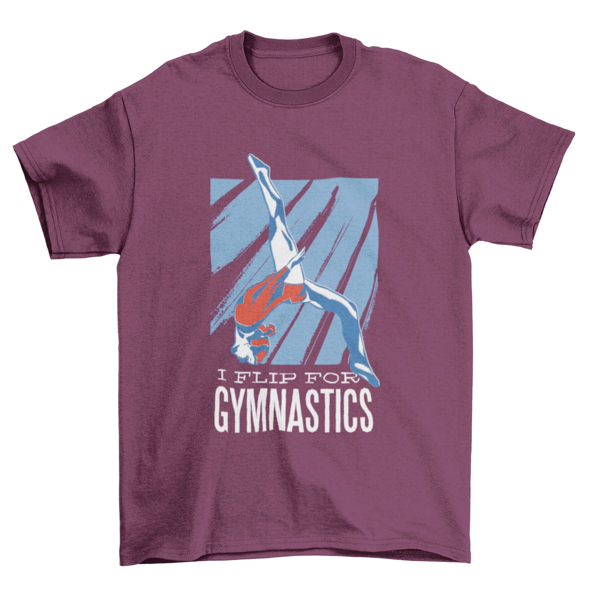 Flip for Gymnastics T-shirt featuring a gymnast silhouette on a blue background with slanted lines.