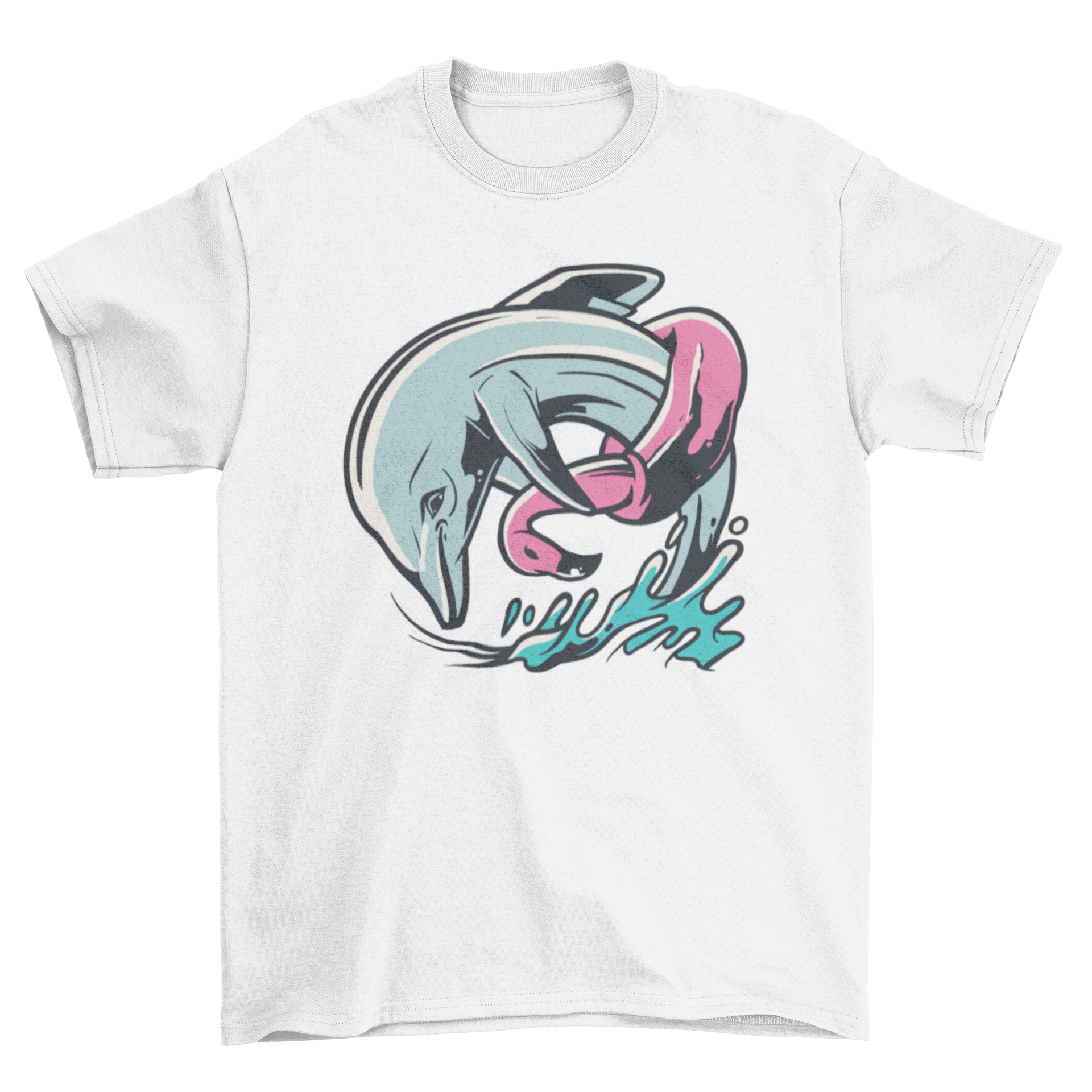 A humorous t-shirt featuring a dolphin wearing a colorful flamingo floater, perfect for summer fun.