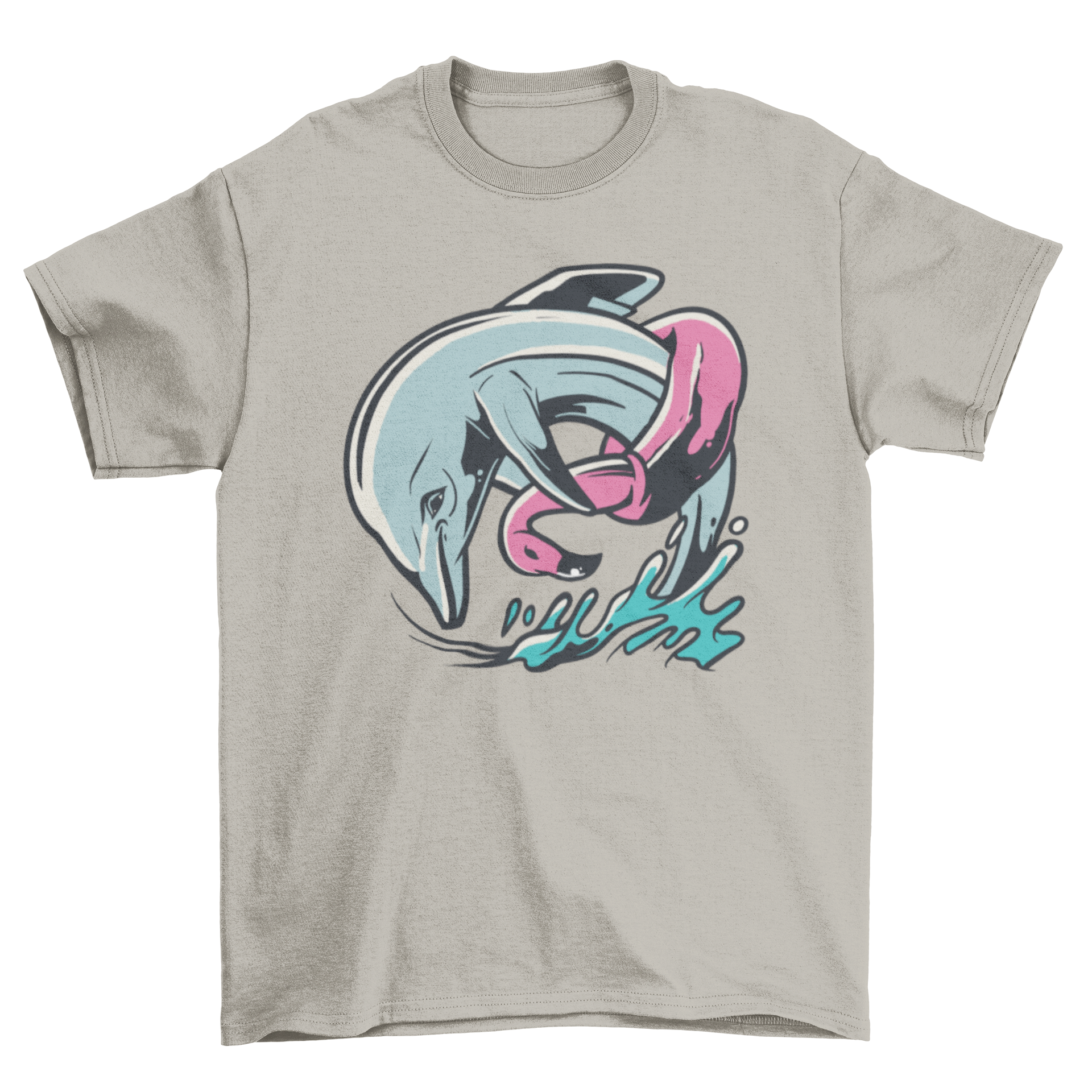 A humorous t-shirt featuring a dolphin wearing a colorful flamingo floater, perfect for summer fun.