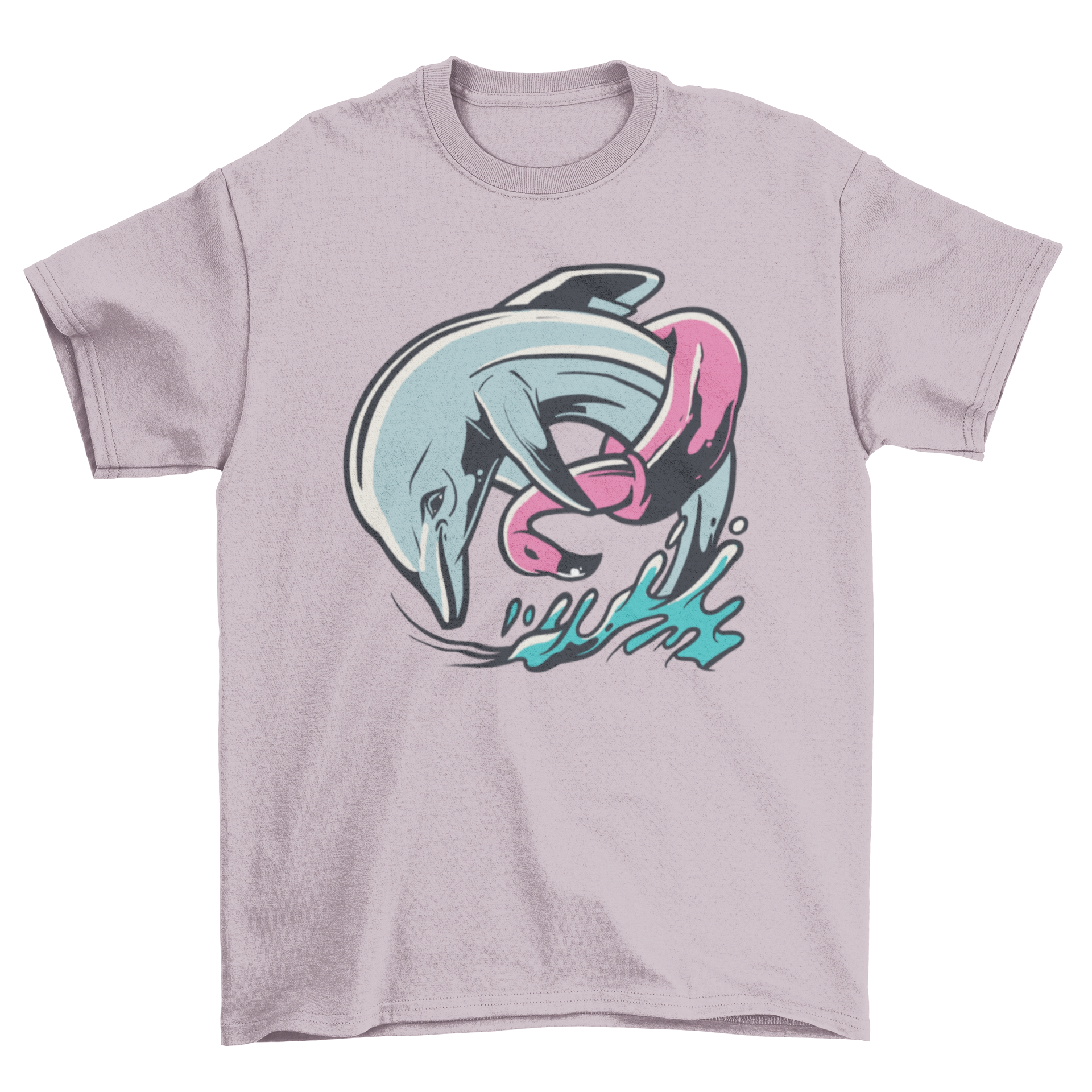 A humorous t-shirt featuring a dolphin wearing a colorful flamingo floater, perfect for summer fun.