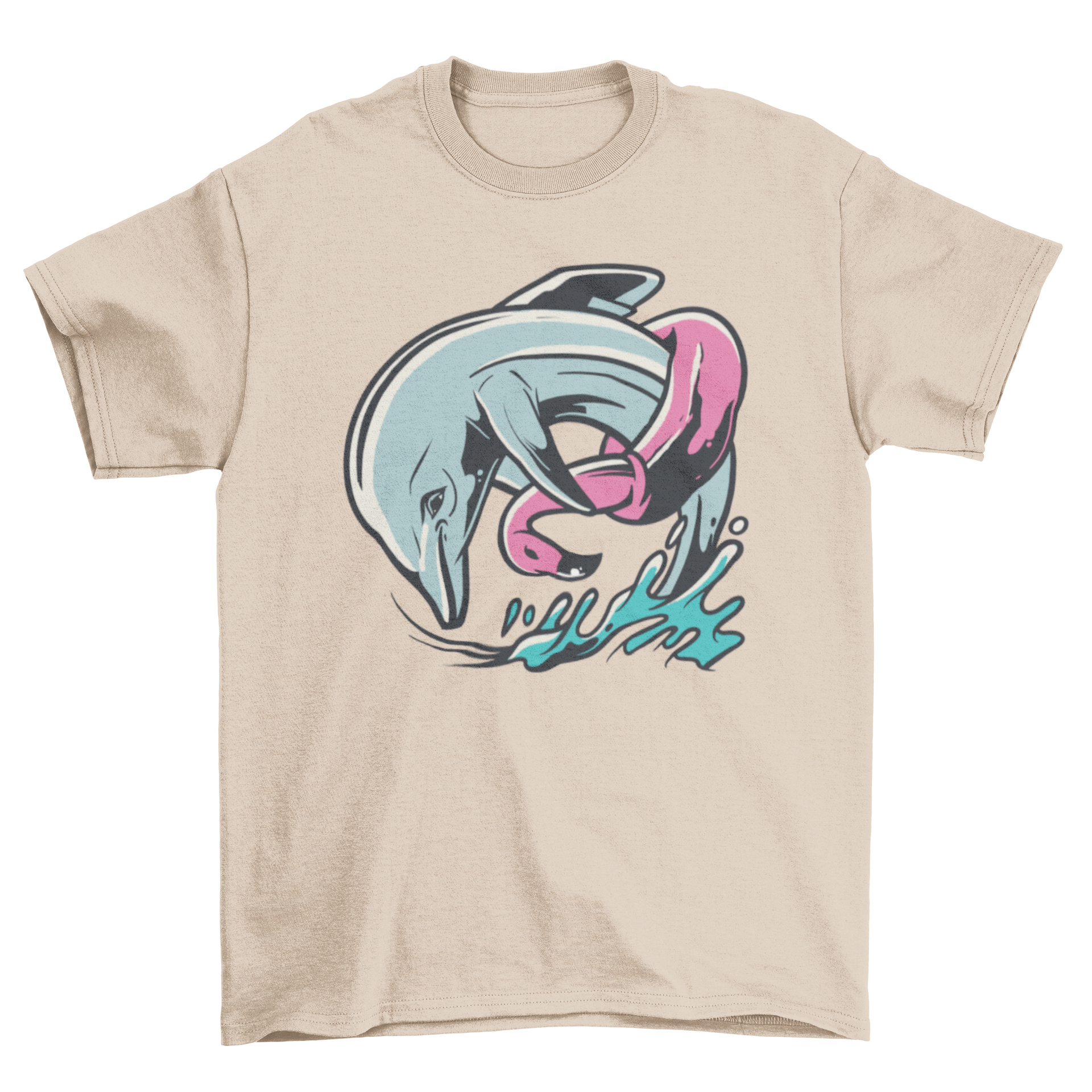 A humorous t-shirt featuring a dolphin wearing a colorful flamingo floater, perfect for summer fun.