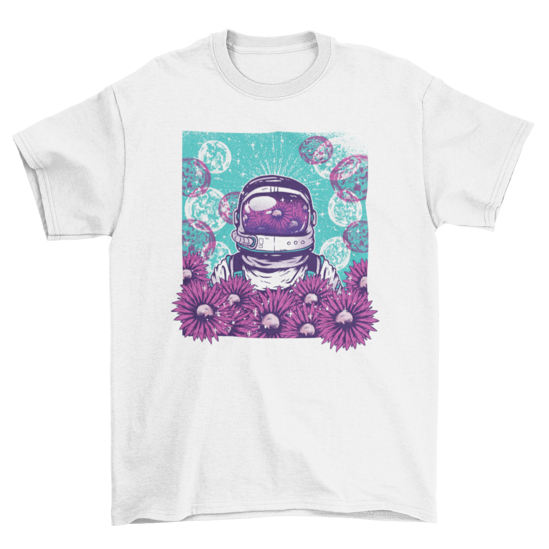 Floral Astronaut T-Shirt featuring an astronaut surrounded by sunflowers and moons, showcasing a vibrant and whimsical design.