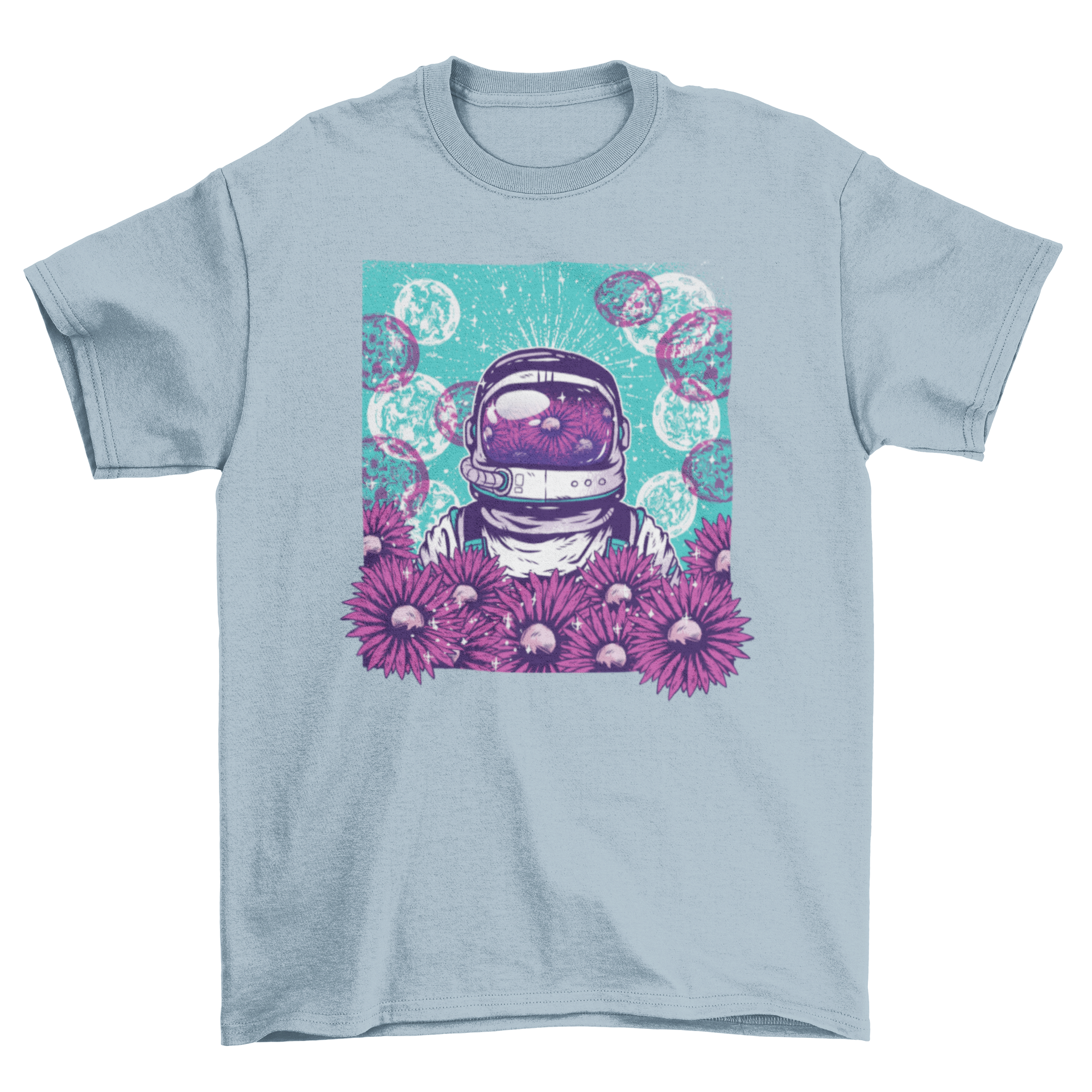 Floral Astronaut T-Shirt featuring an astronaut surrounded by sunflowers and moons, showcasing a vibrant and whimsical design.