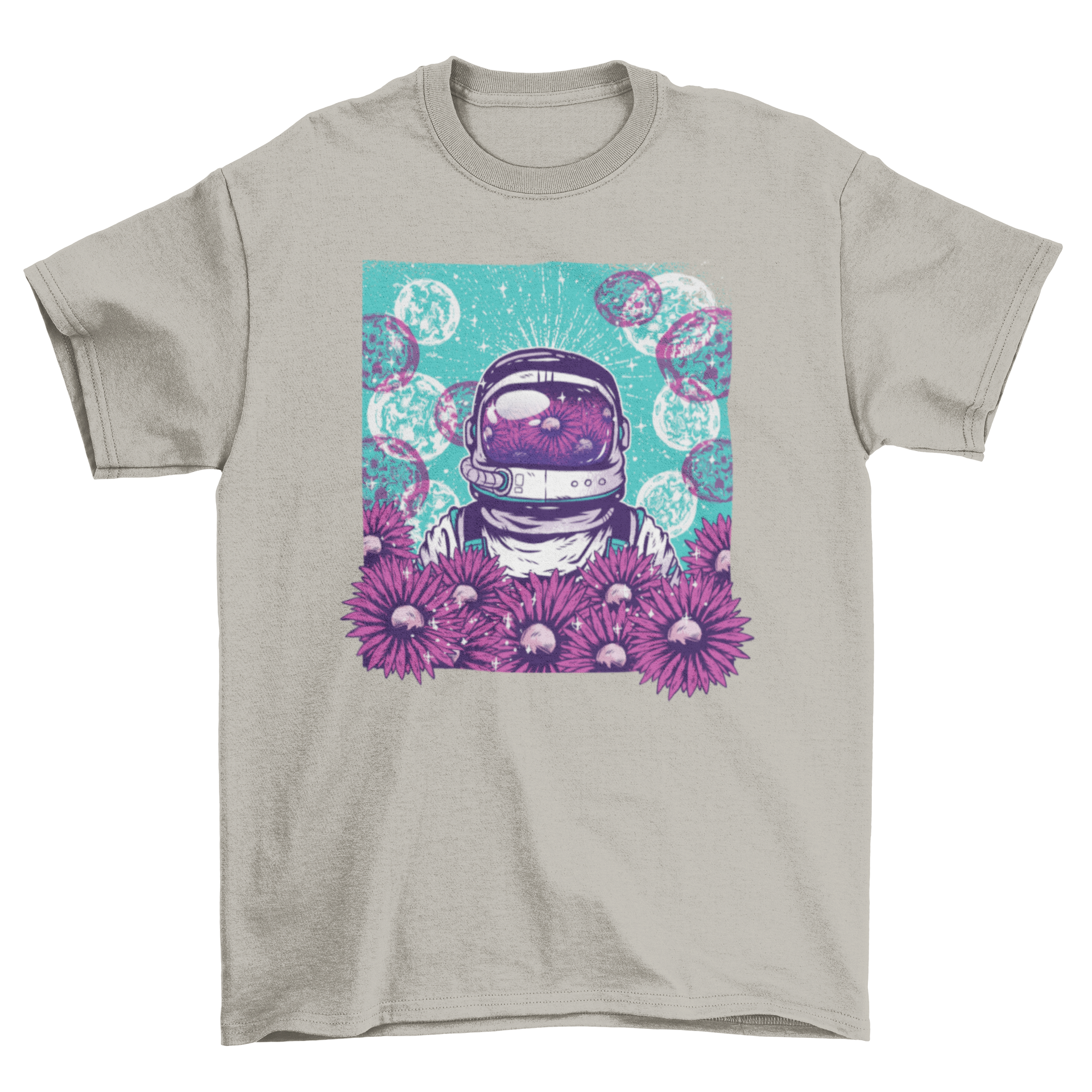 Floral Astronaut T-Shirt featuring an astronaut surrounded by sunflowers and moons, showcasing a vibrant and whimsical design.