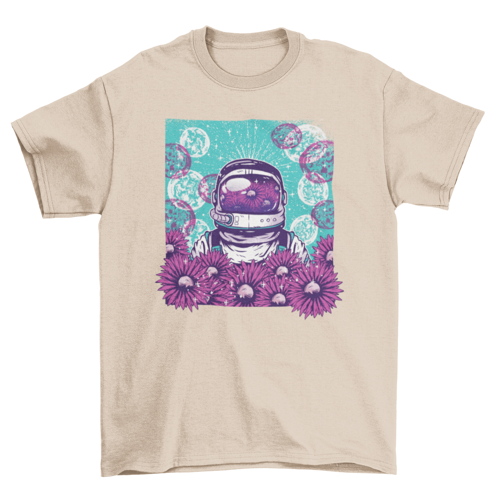 Floral Astronaut T-Shirt featuring an astronaut surrounded by sunflowers and moons, showcasing a vibrant and whimsical design.