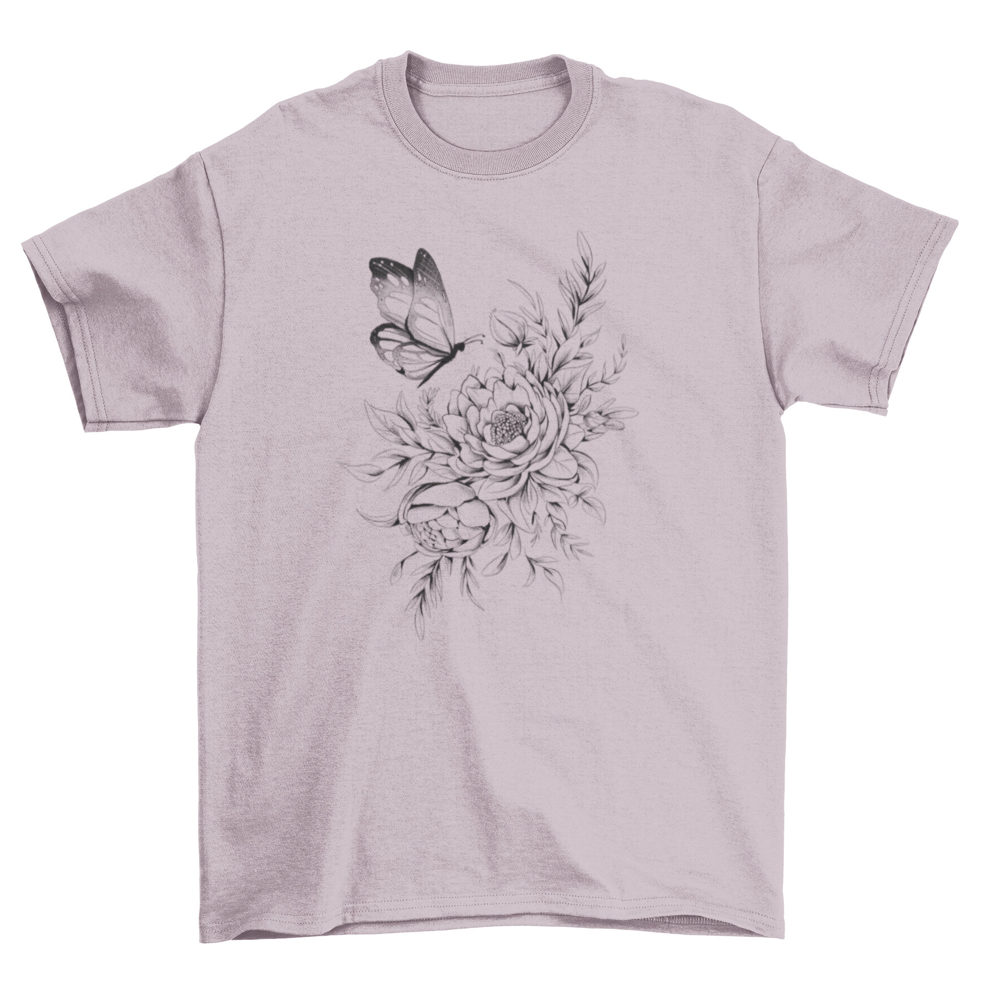 A stylish Floral Butterfly Tattoo T-Shirt featuring a vibrant floral bouquet and a butterfly design, perfect for casual wear.