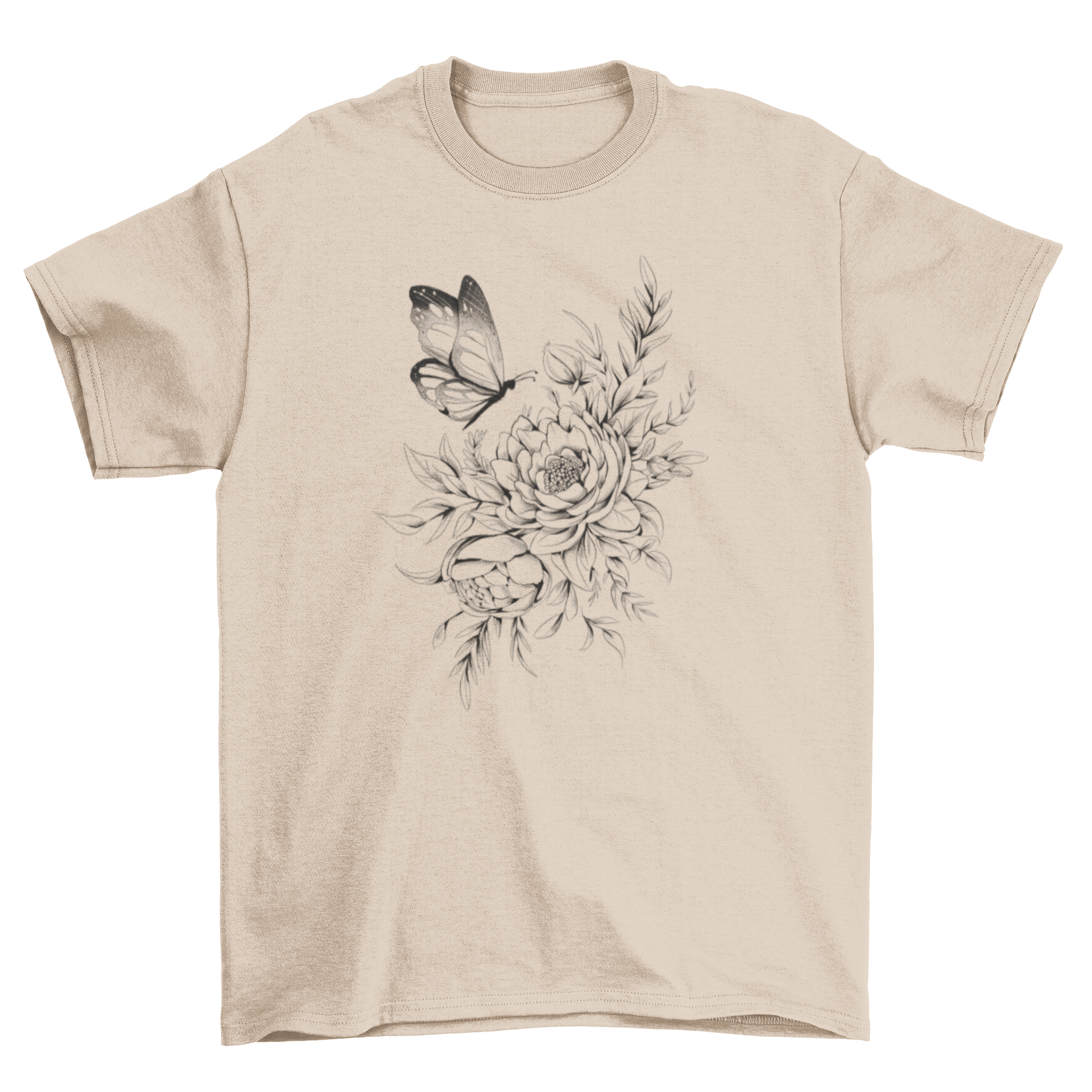 A stylish Floral Butterfly Tattoo T-Shirt featuring a vibrant floral bouquet and a butterfly design, perfect for casual wear.