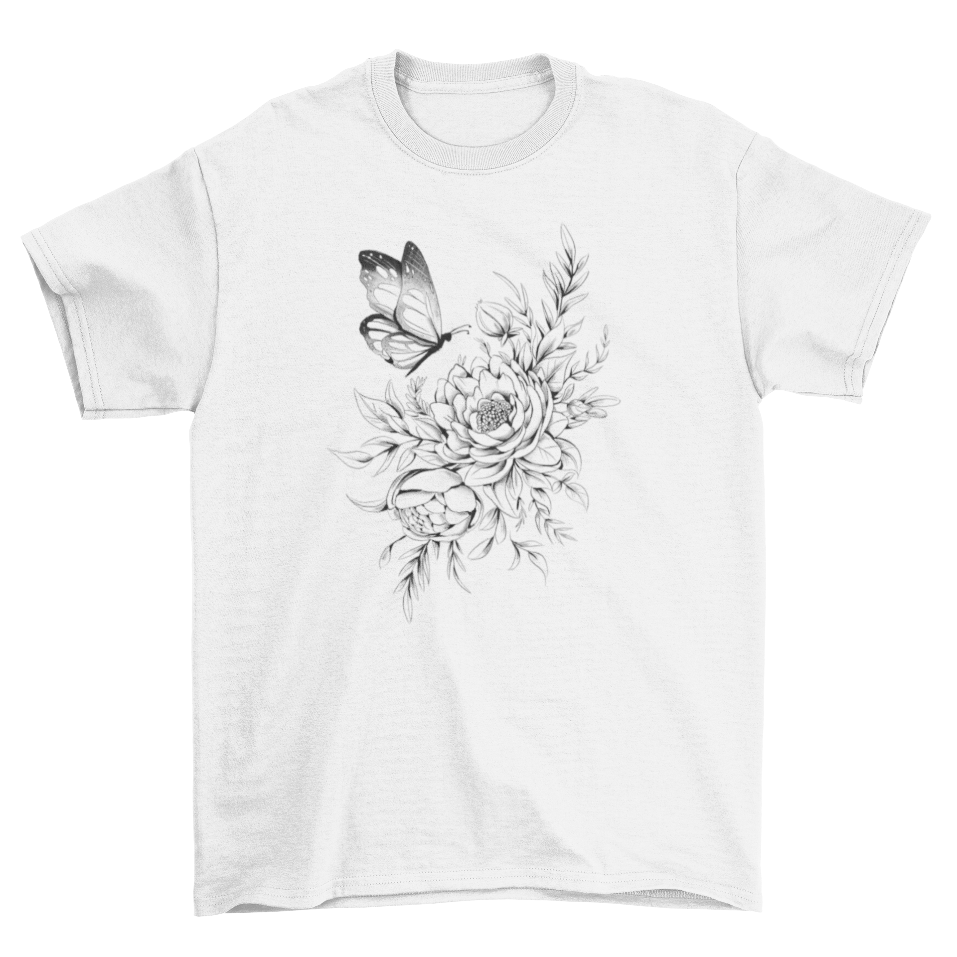 A stylish Floral Butterfly Tattoo T-Shirt featuring a vibrant floral bouquet and a butterfly design, perfect for casual wear.