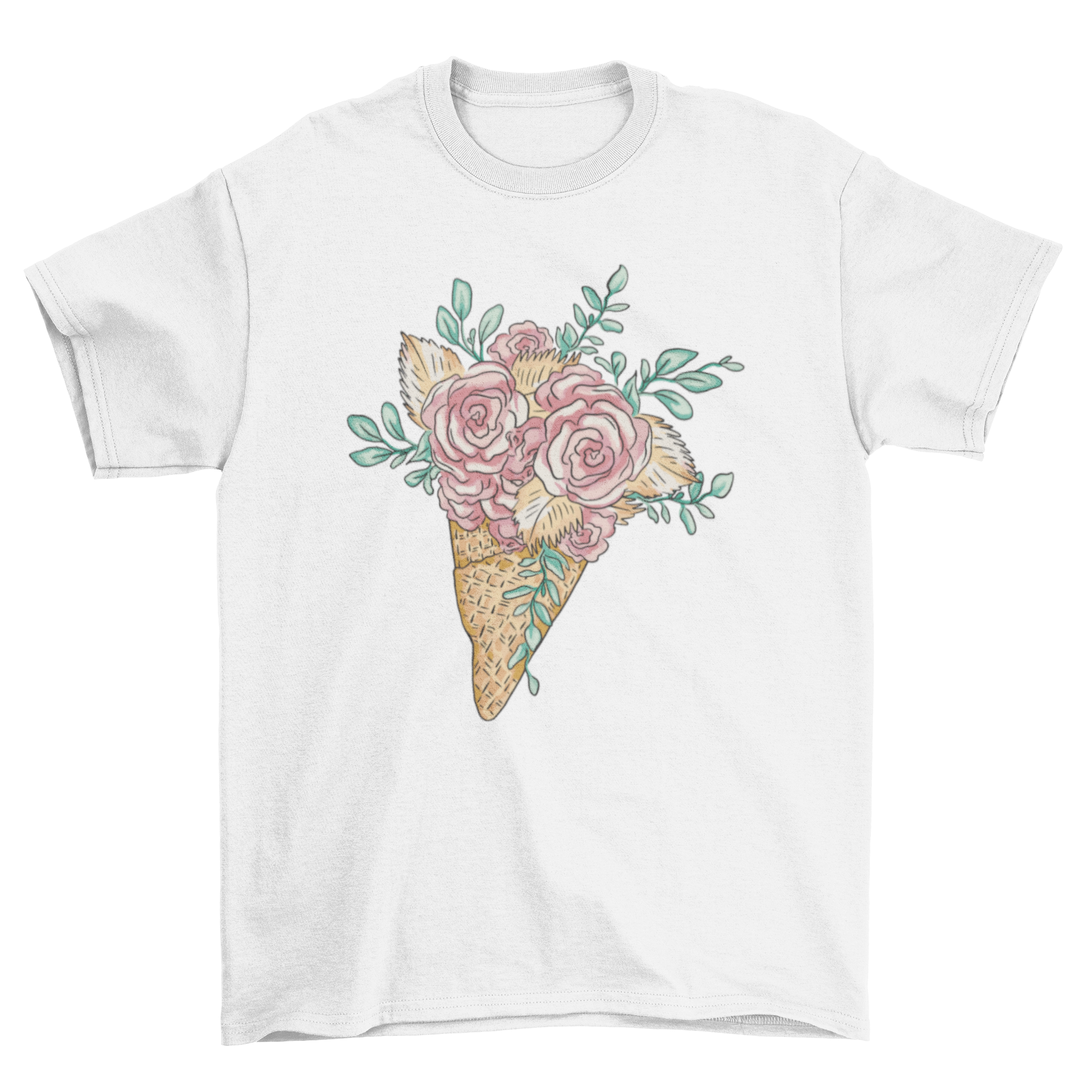 Floral cone t-shirt featuring an ice cream cone design with a colorful floral bouquet.