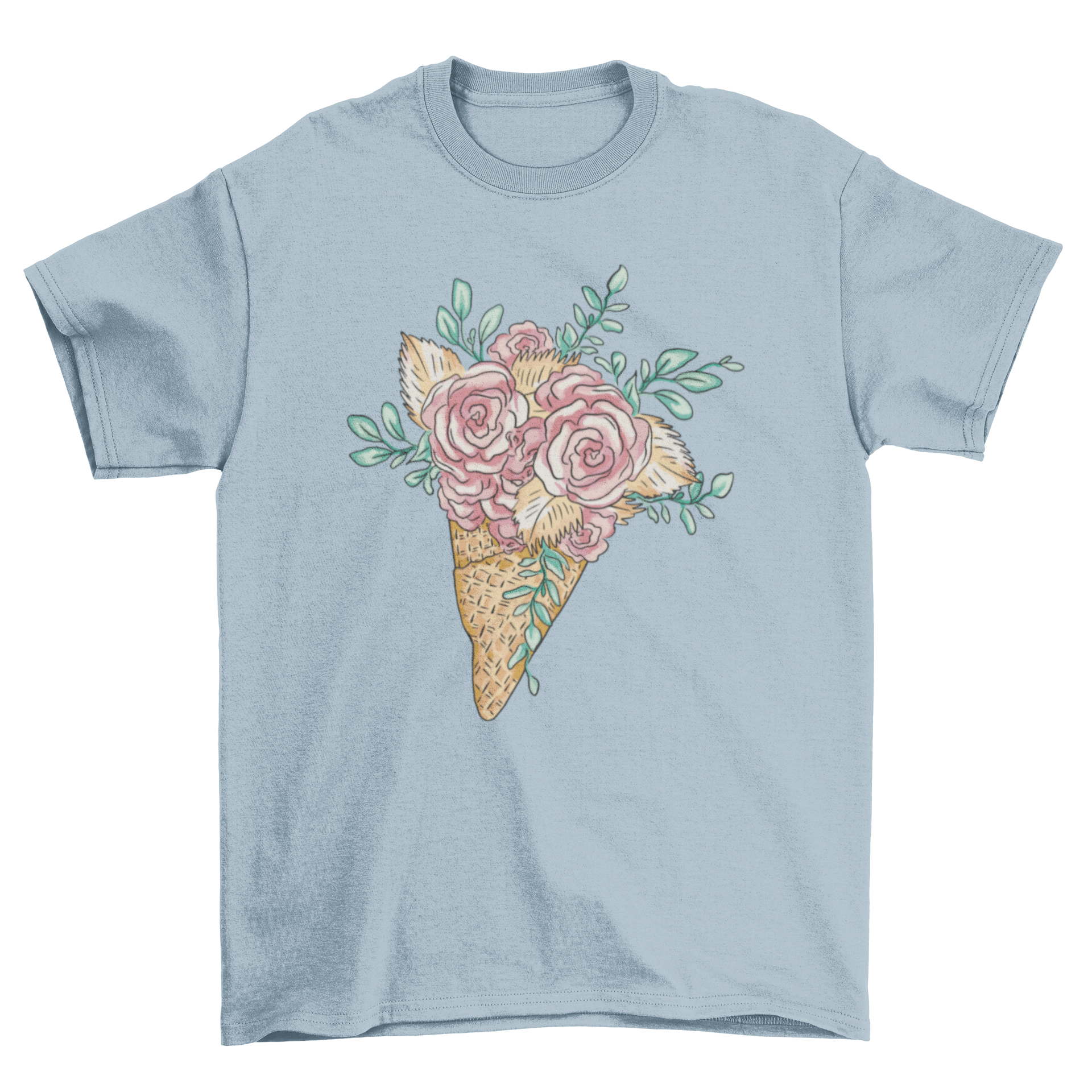 Floral cone t-shirt featuring an ice cream cone design with a colorful floral bouquet.