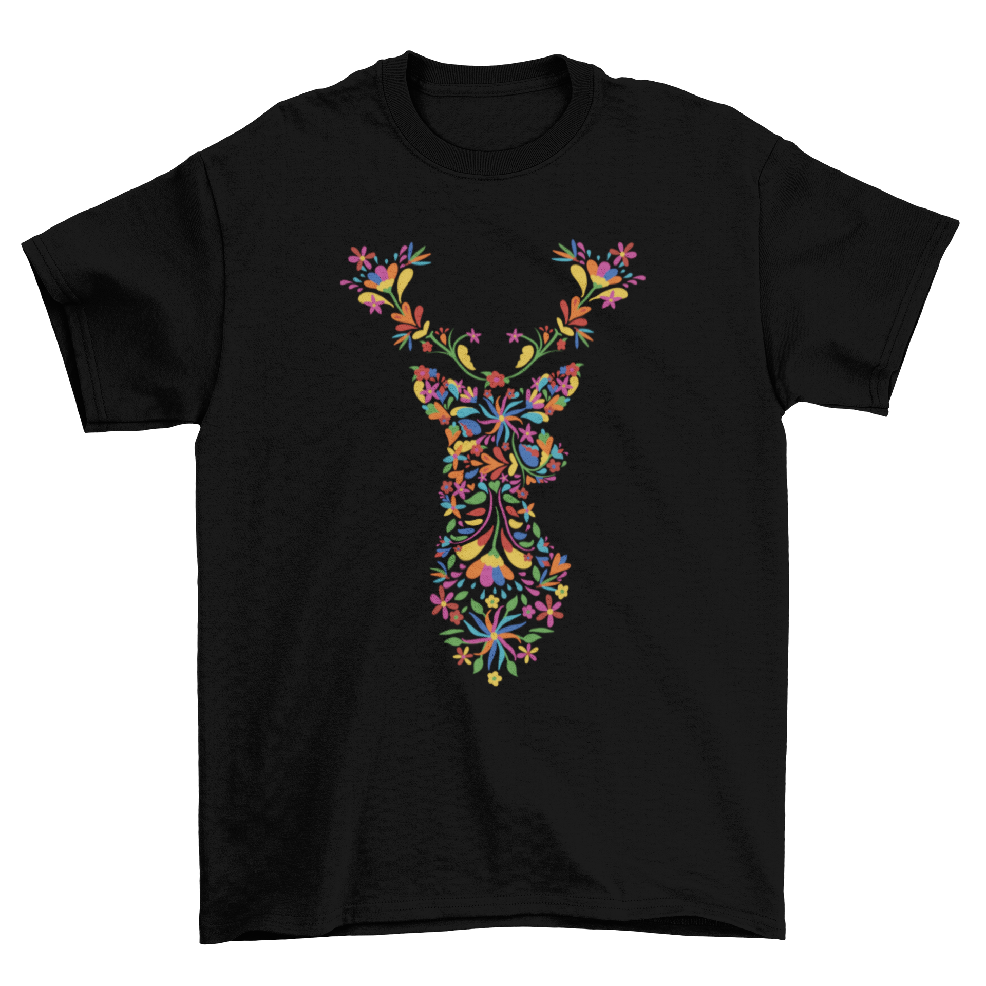 A vibrant Floral Deer T-Shirt featuring a colorful design of flowers forming a reindeer silhouette, perfect for nature lovers.