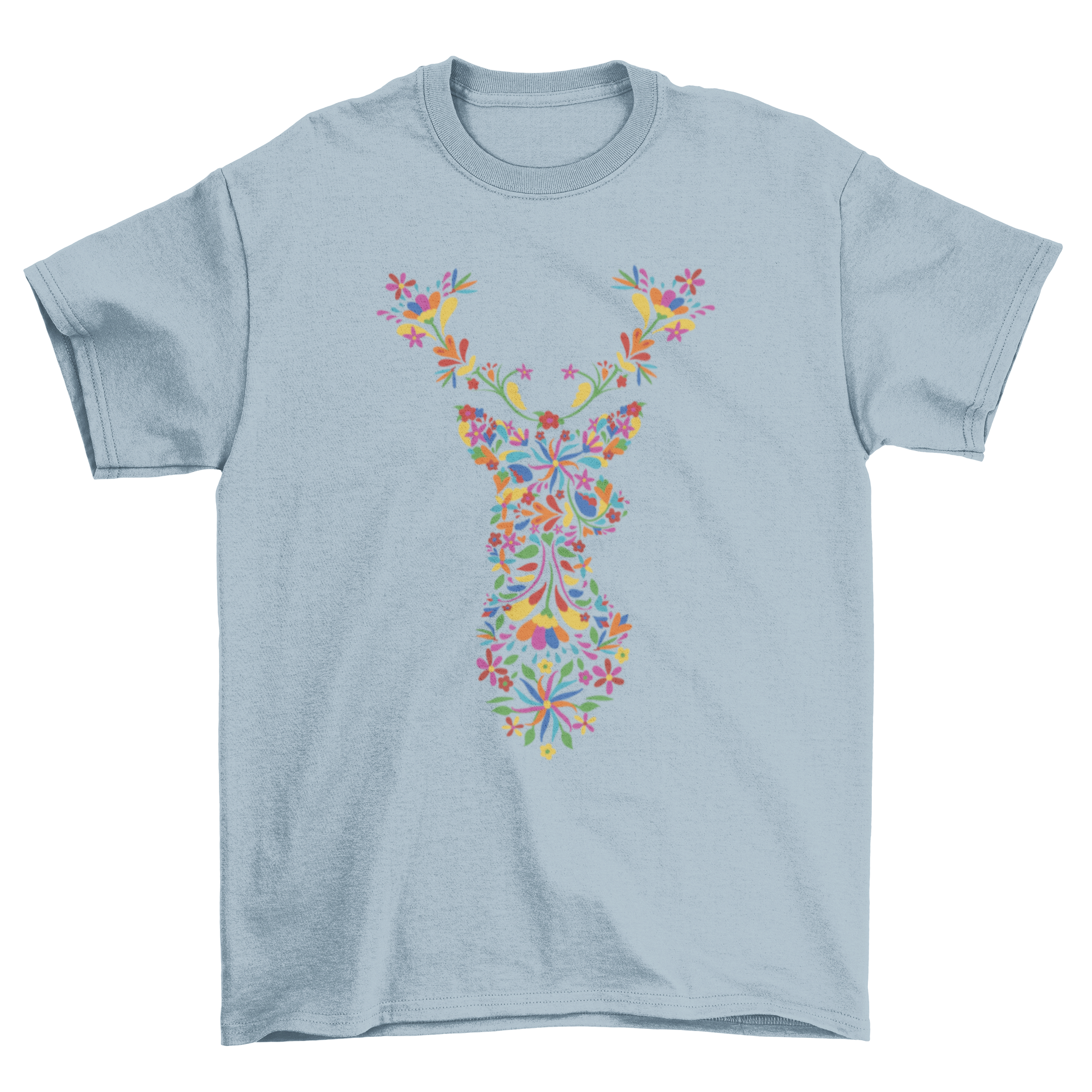 A vibrant Floral Deer T-Shirt featuring a colorful design of flowers forming a reindeer silhouette, perfect for nature lovers.