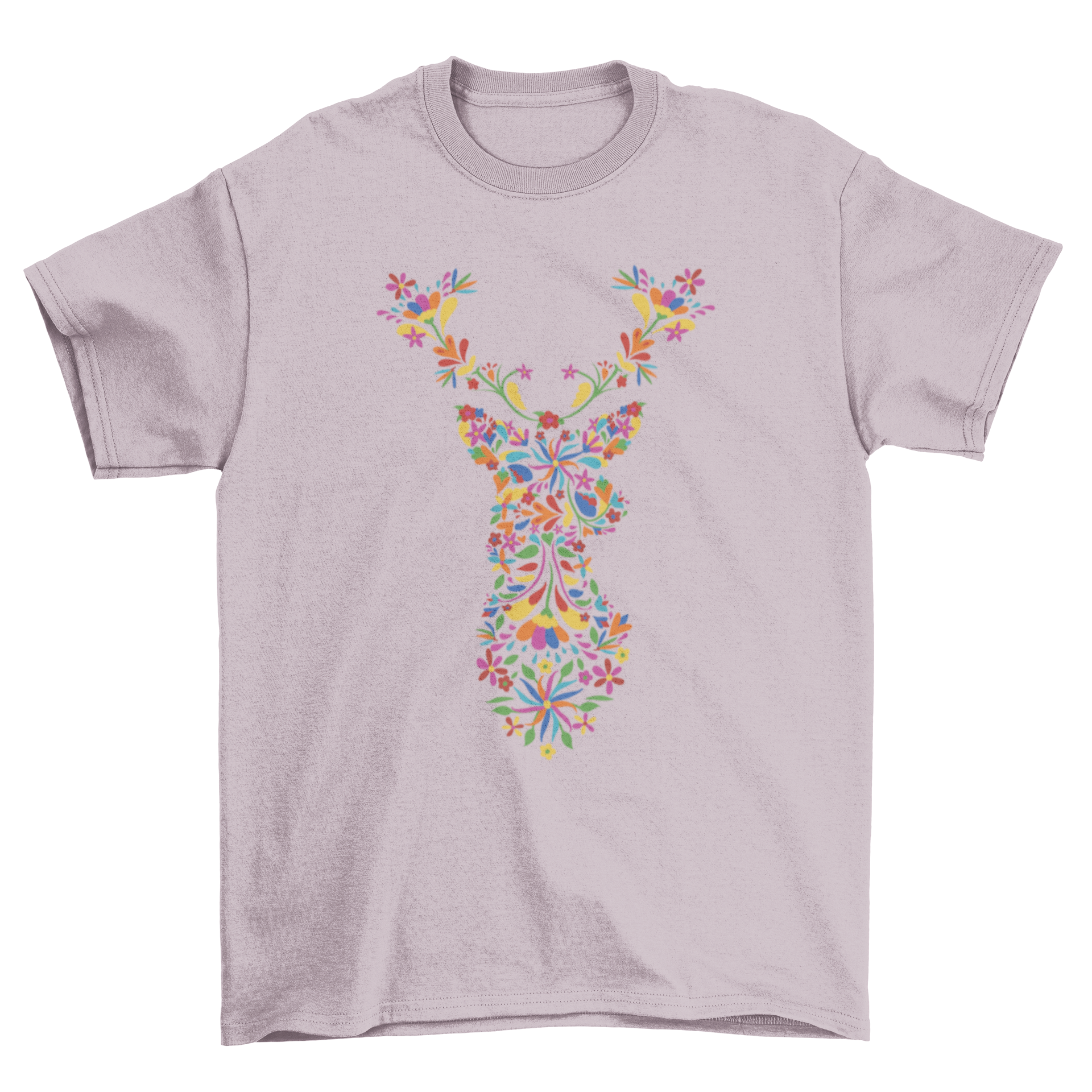 A vibrant Floral Deer T-Shirt featuring a colorful design of flowers forming a reindeer silhouette, perfect for nature lovers.