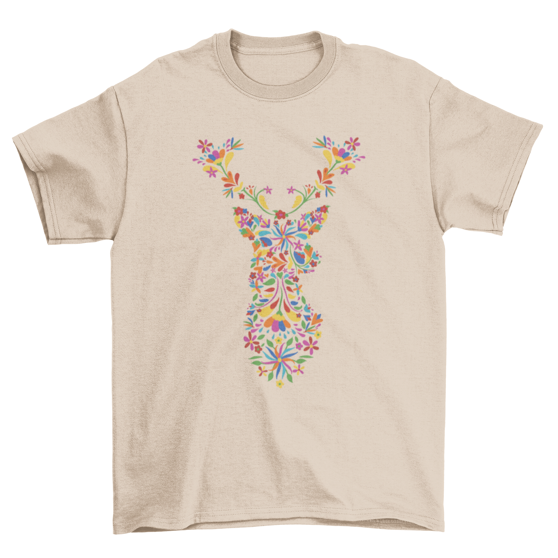 A vibrant Floral Deer T-Shirt featuring a colorful design of flowers forming a reindeer silhouette, perfect for nature lovers.