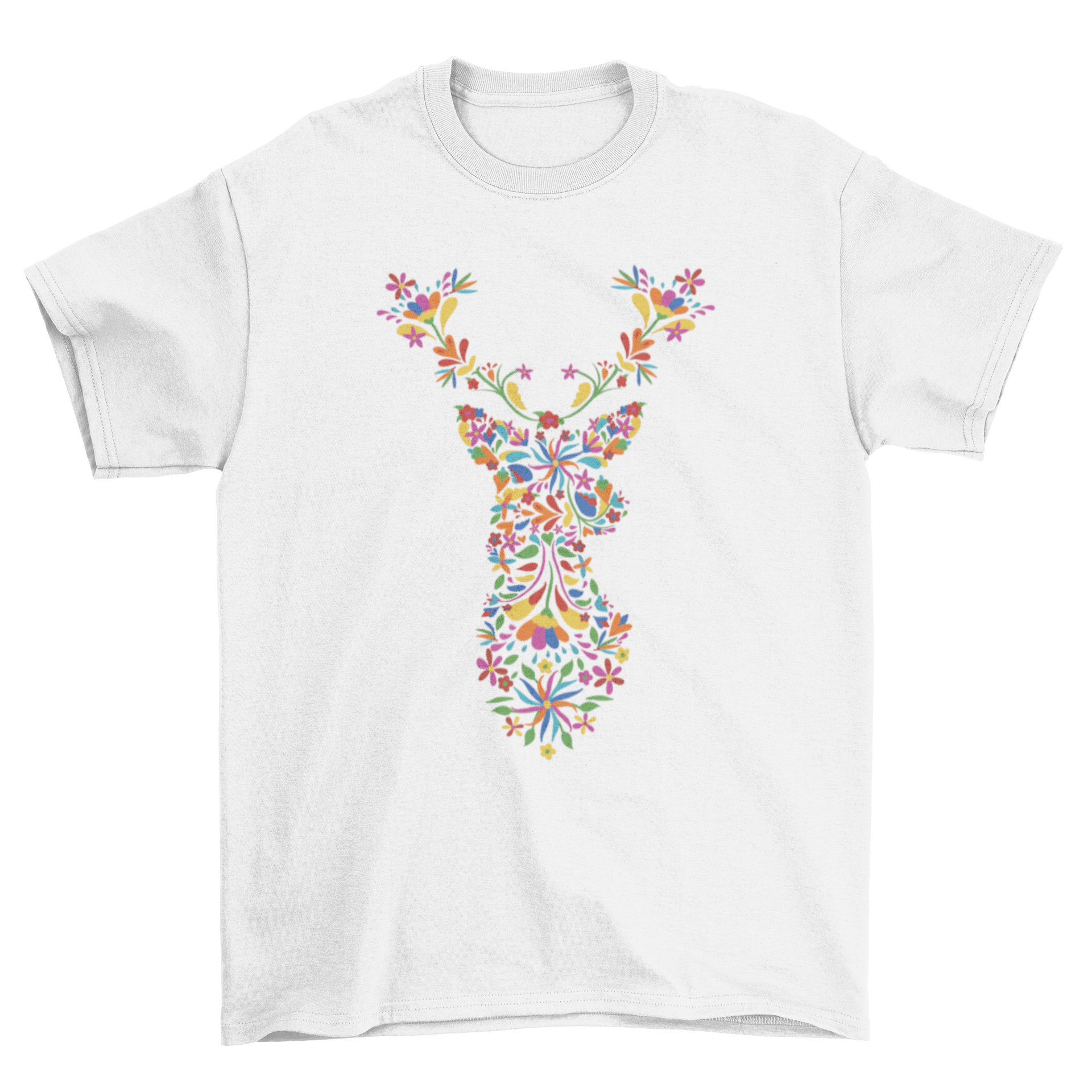 A vibrant Floral Deer T-Shirt featuring a colorful design of flowers forming a reindeer silhouette, perfect for nature lovers.