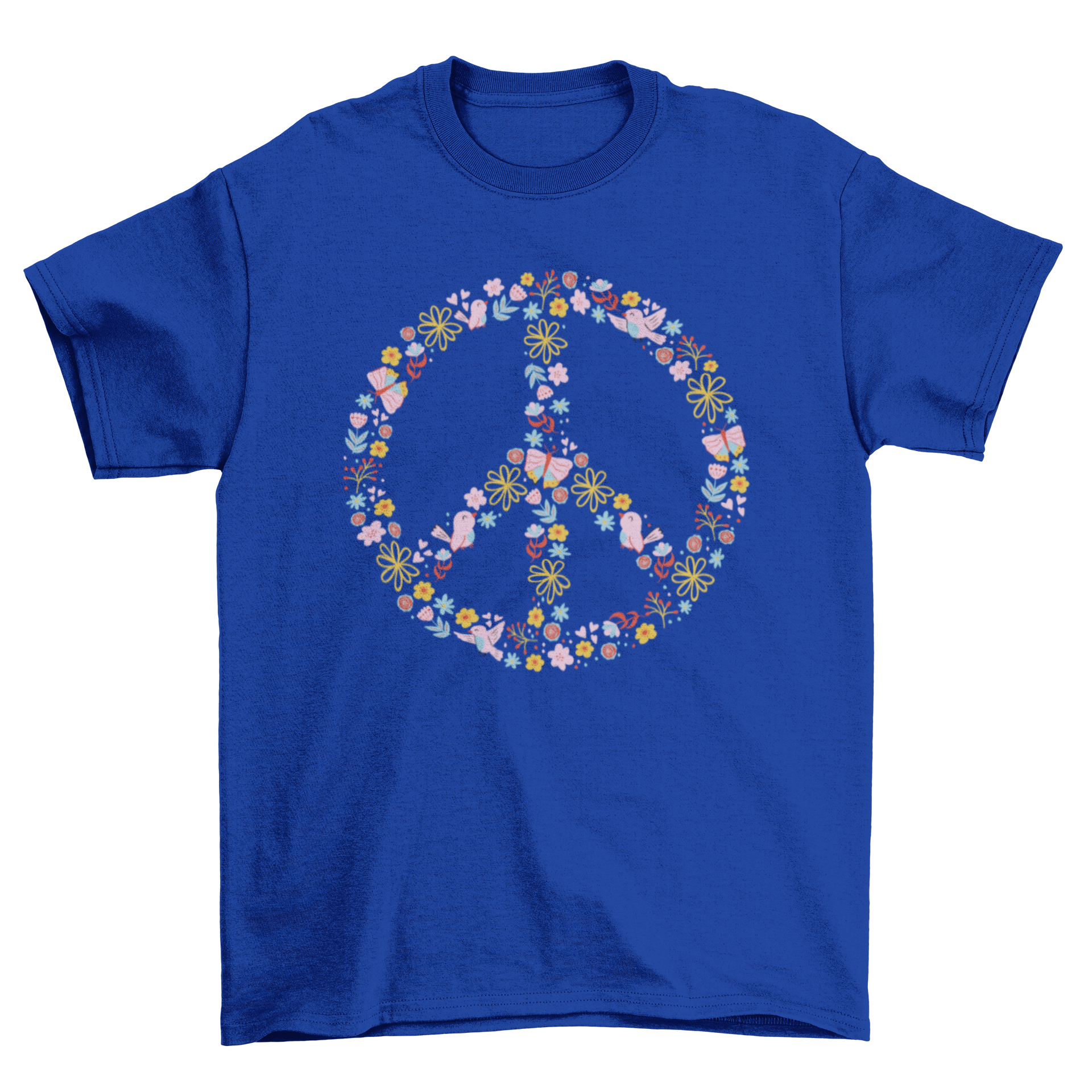 Floral peace symbol t-shirt featuring colorful flowers and animals in a unique design.